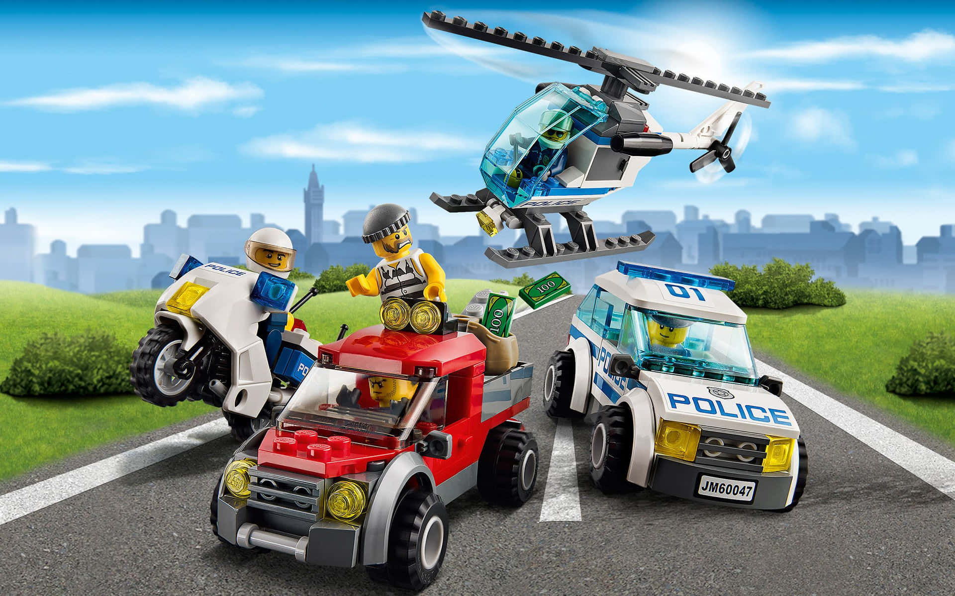 LEGO 警車在城市道路上追趕一輛紅色貨車，頭頂有直升機。
