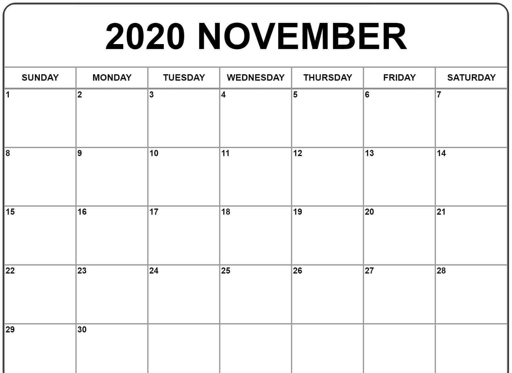 空白2020年11月日曆，網格中顯示星期幾和編號日期。
