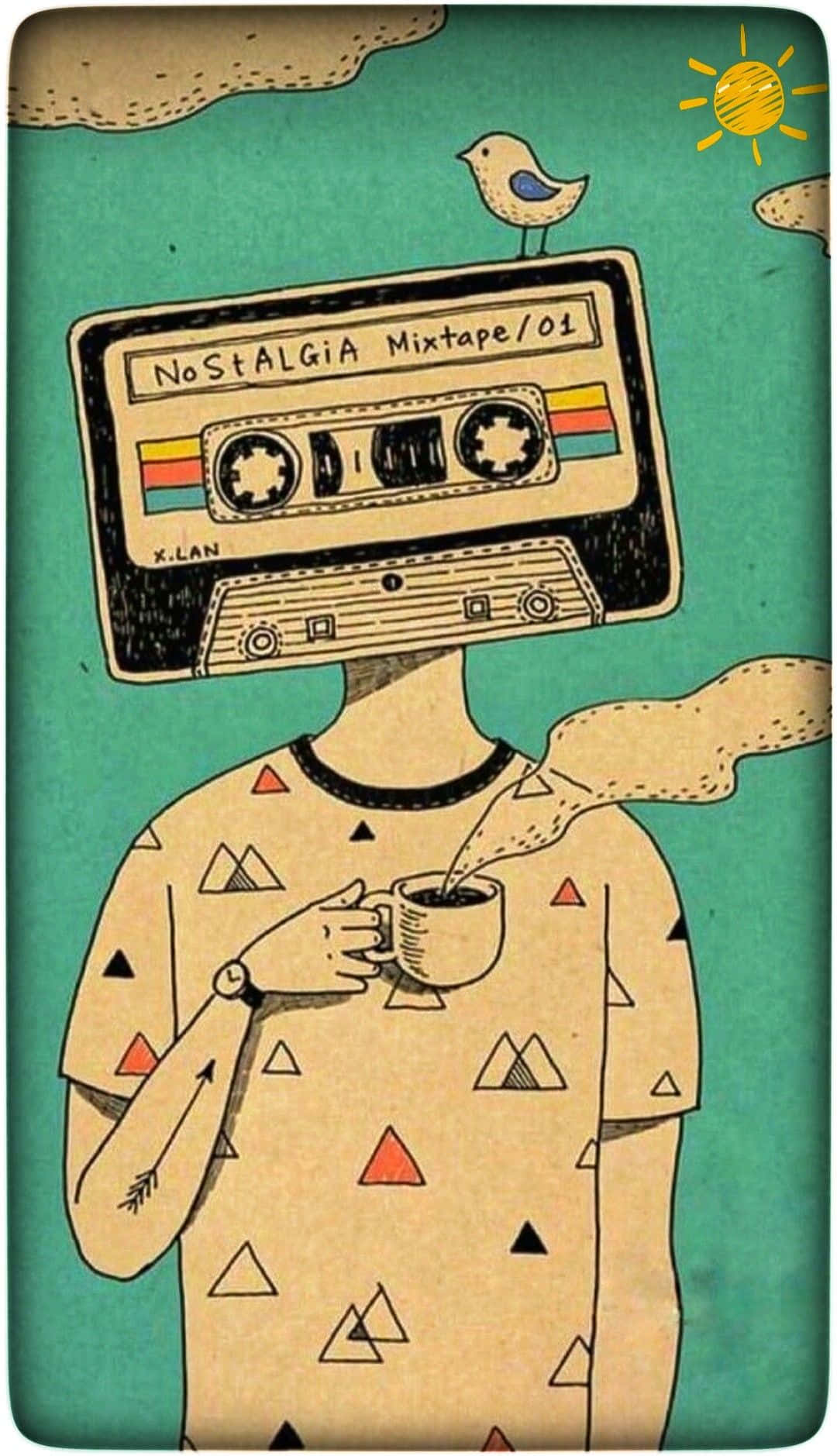 用混音帶感受最愛音樂的氛圍 壁紙 — 一個人頭部為卡式錄音帶，標有「NOSTALGIA Mixtape/01」，在陽光普照的天空下喝咖啡，頂上有一隻鳥棲息。