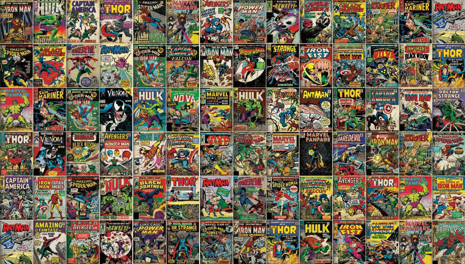 Wallpaper拼貼畫， vintage Marvel漫畫封面，超級英雄在行動中。