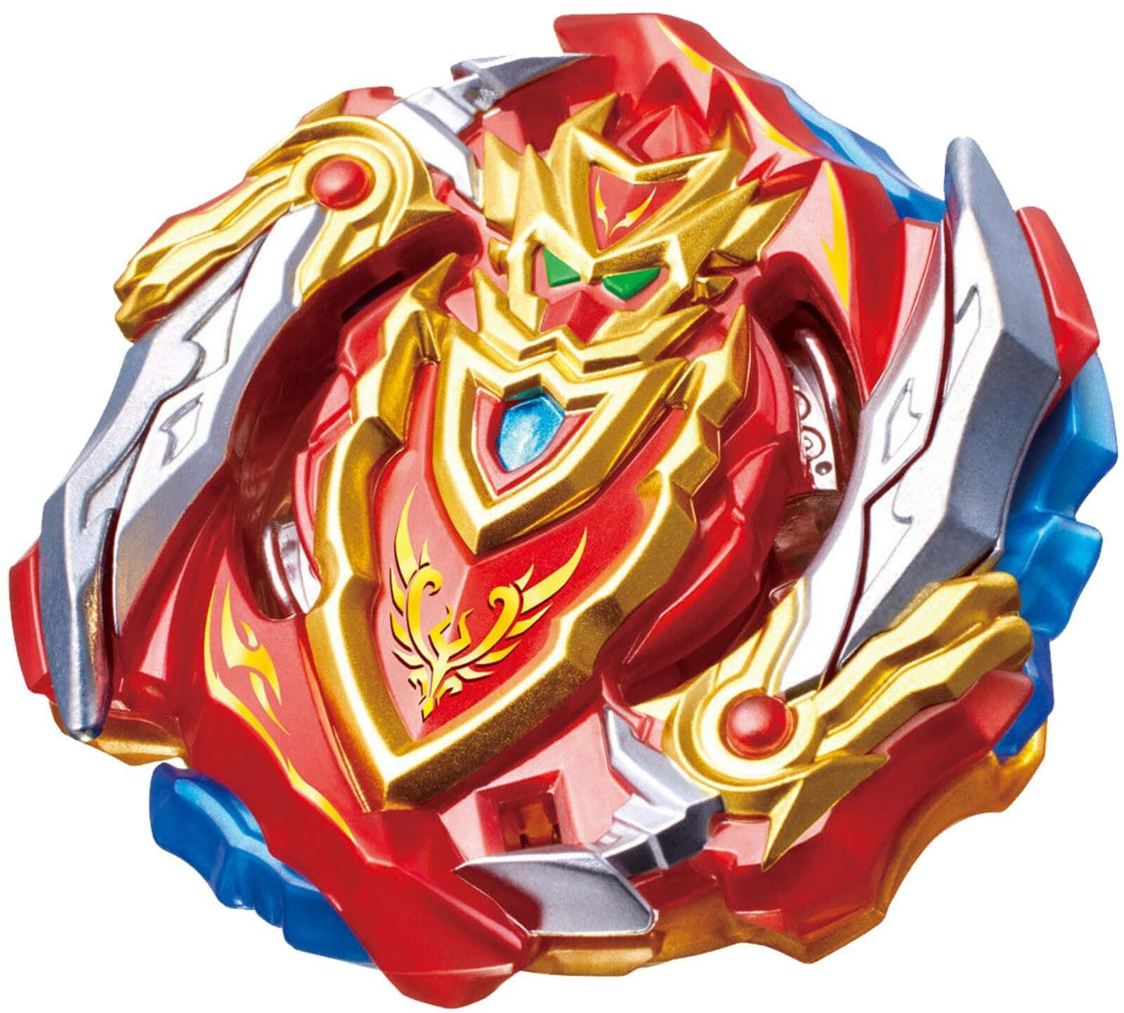 紅色、金色和藍色的Beyblade玩具，帶有龍臉和火焰設計。