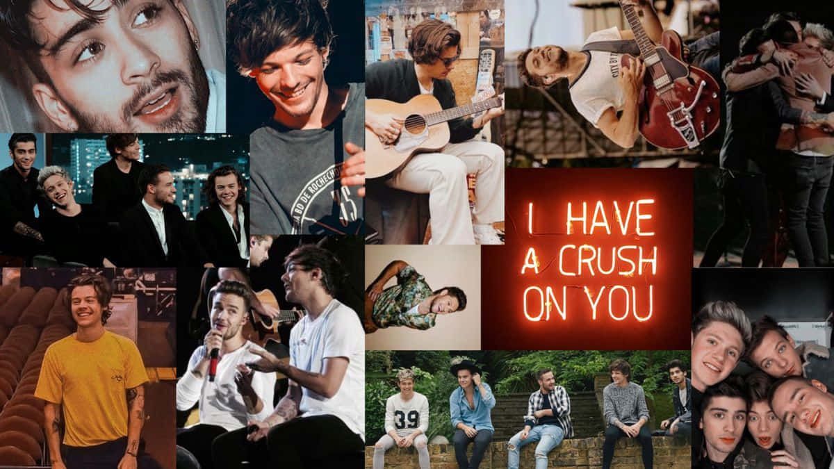 One Direction拼貼畫，帶有寫著「I HAVE A CRUSH ON YOU」的霓虹燈牌