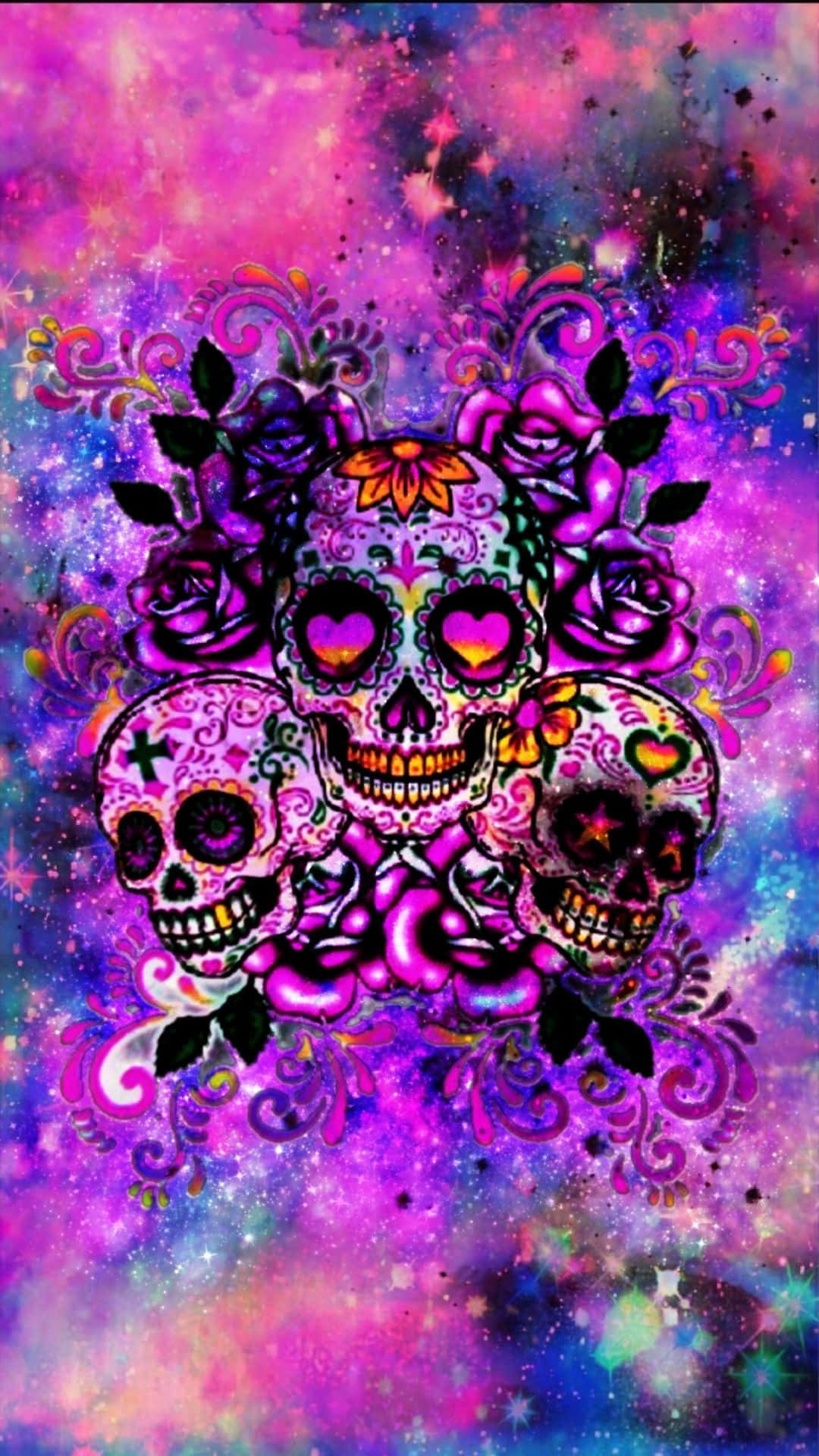 三個裝飾的糖骷髏頭被紫色和粉紅色的玫瑰和宇宙漩渦包圍。