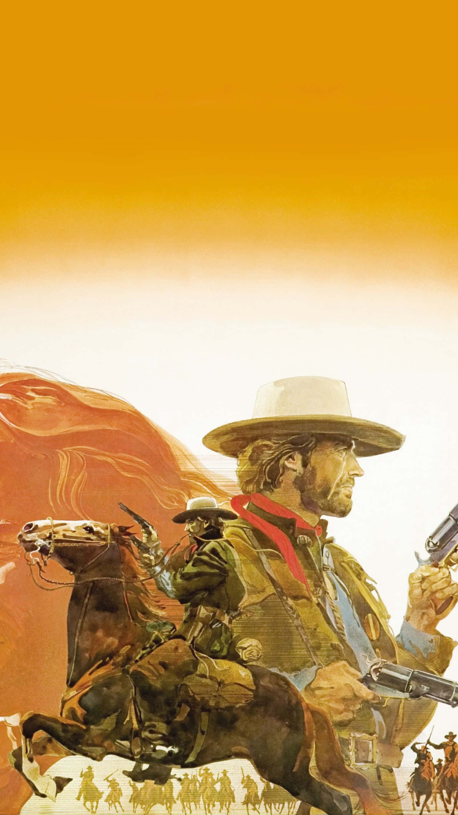 用經典造型裝點你的 iPhone — Cowboy iPhone 壁紙 — 一個孤獨的牛仔騎著奔騰的馬，手持兩把左輪手槍，背景是火紅的橙色日落天空，下方有剪影騎士。