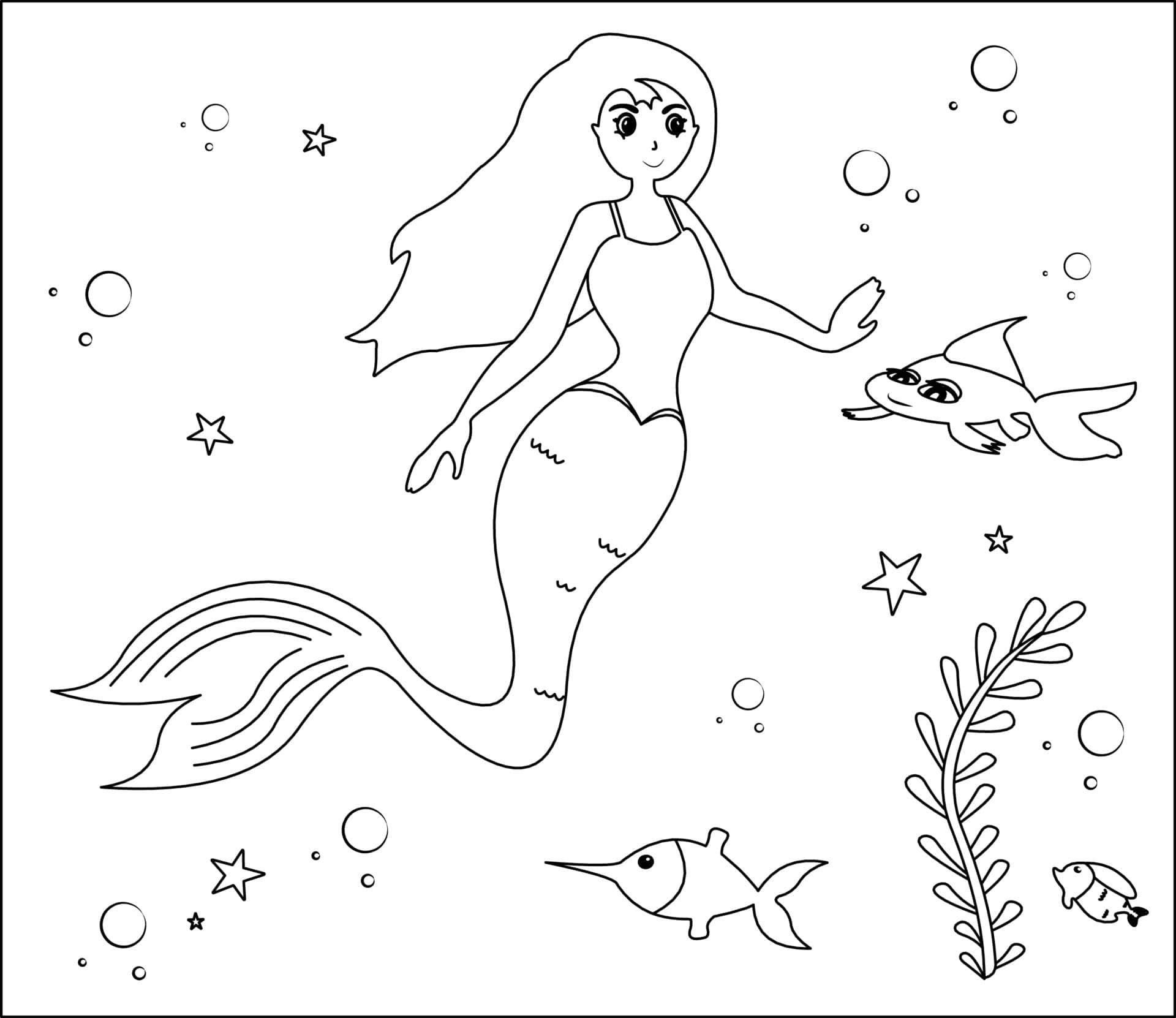 一條人魚和一條魚在水底游動，伴有海草和氣泡。