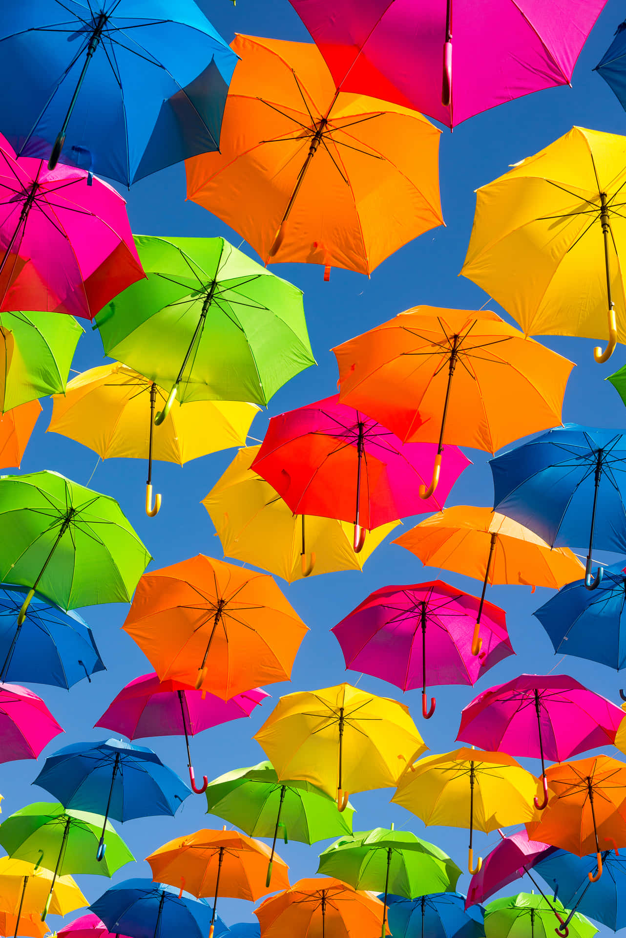 天空充滿了漂浮的彩色雨傘，色調明亮。