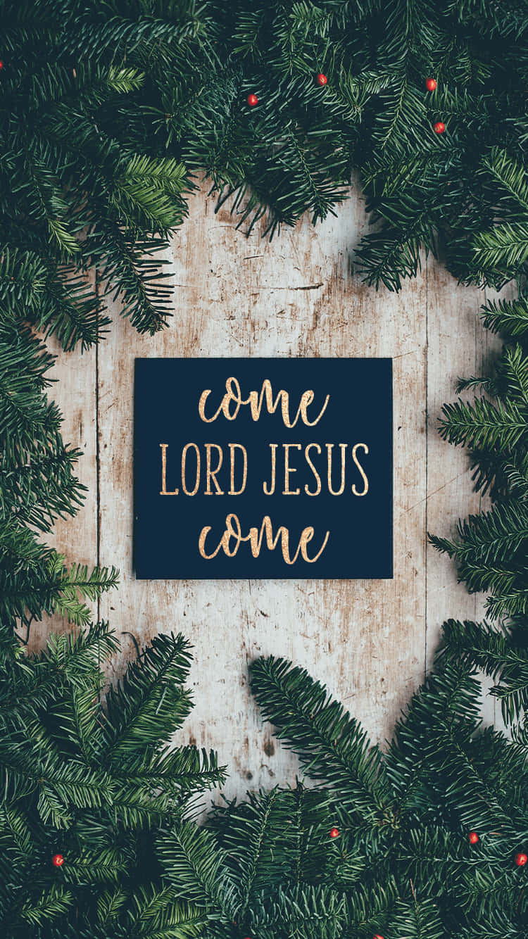 聖誕花環與松樹和漿果圍繞著一塊寫有「come LORD JESUS come」的木製標牌。