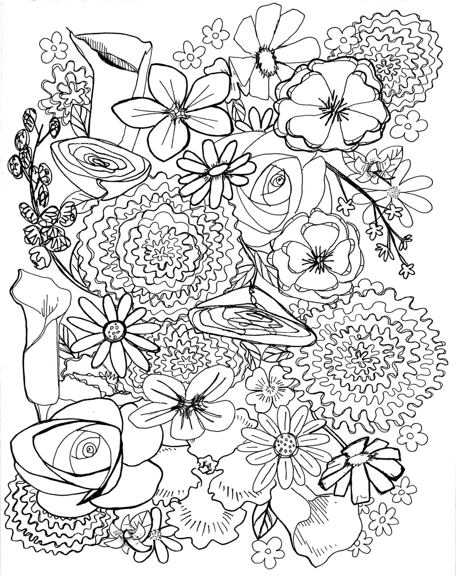 黑白花卉線條藝術插圖，具有複雜的圖案和多樣的花卉類型。