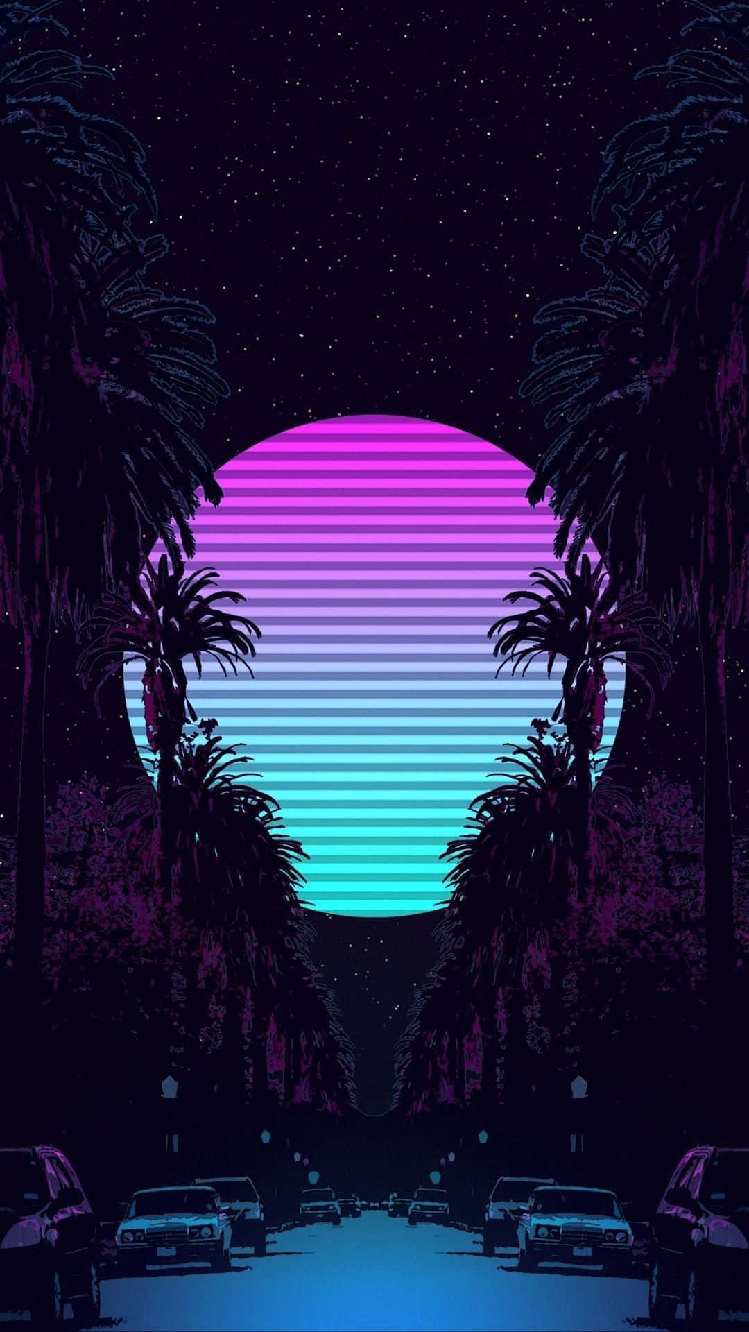 霓虹日落下的棕櫚樹街道與經典汽車，星空背景