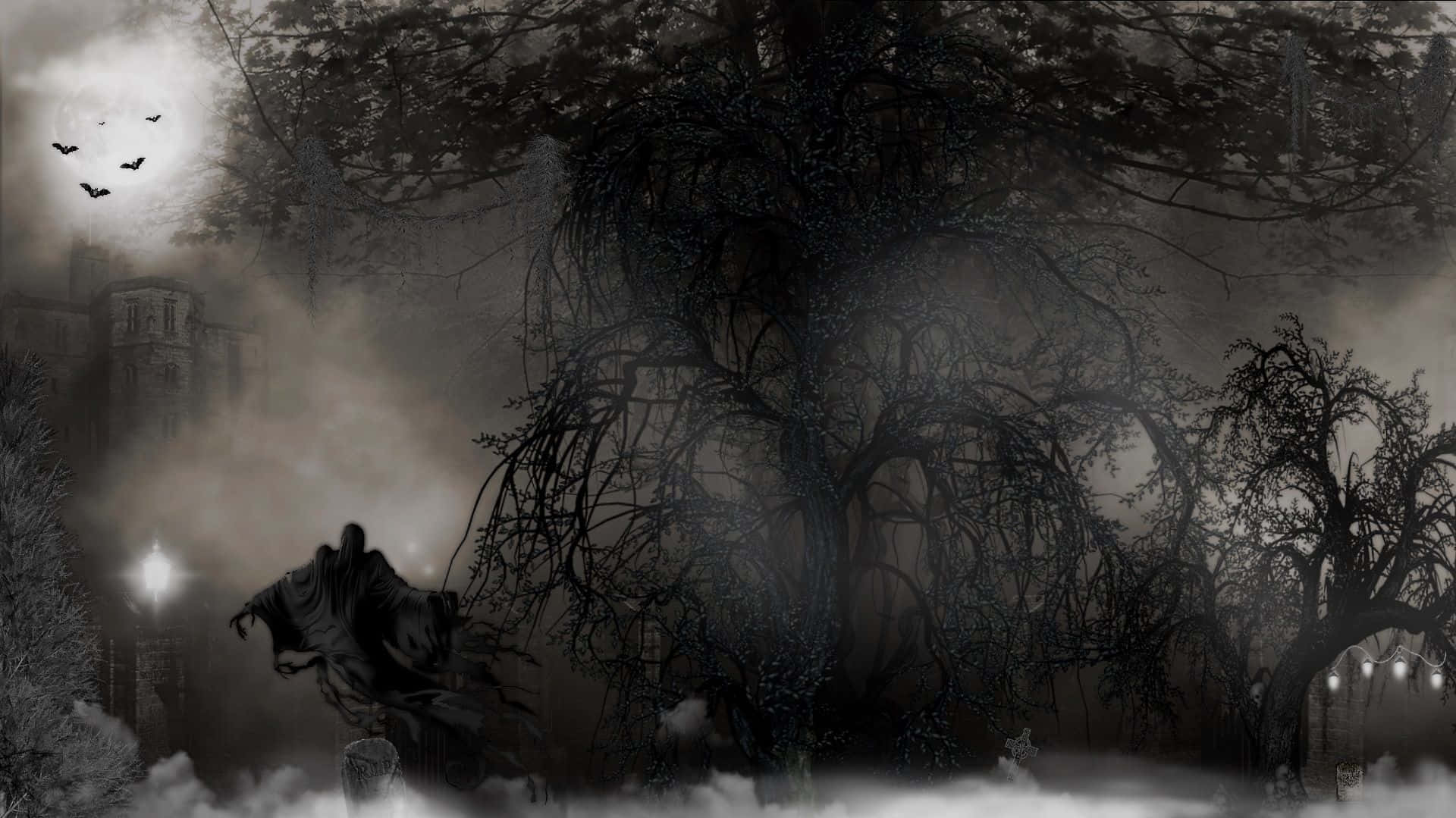 一個幽靈般的身影在滿月下穿過有蝙蝠和扭曲樹木的迷霧墓地。