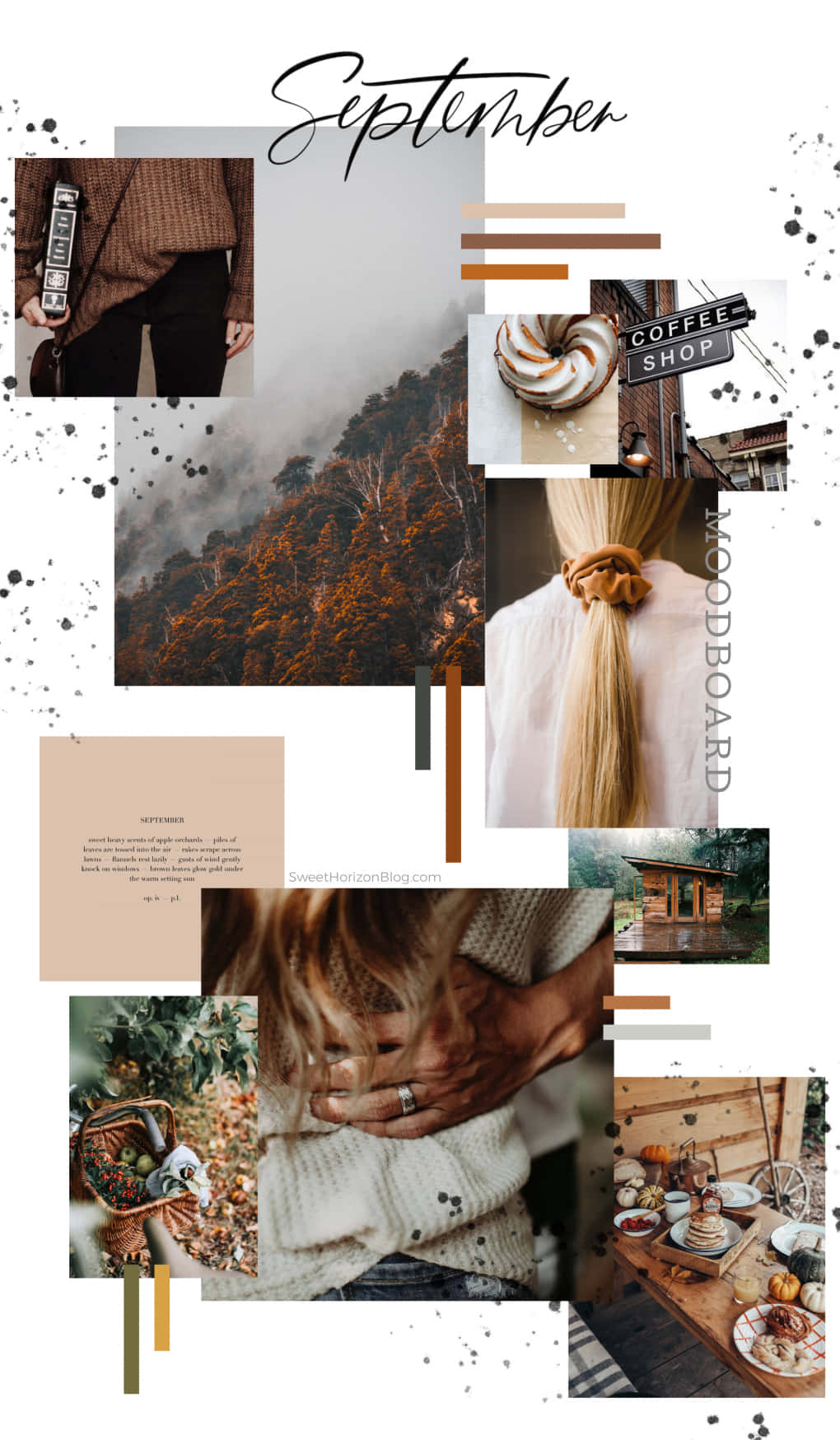 用這些靈感視覺打造完美美學 Moodboard 壁紙 — 以溫暖大地色調呈現的秋季場景拼貼畫，包括森林、咖啡店、舒適毛衣和時令美食。