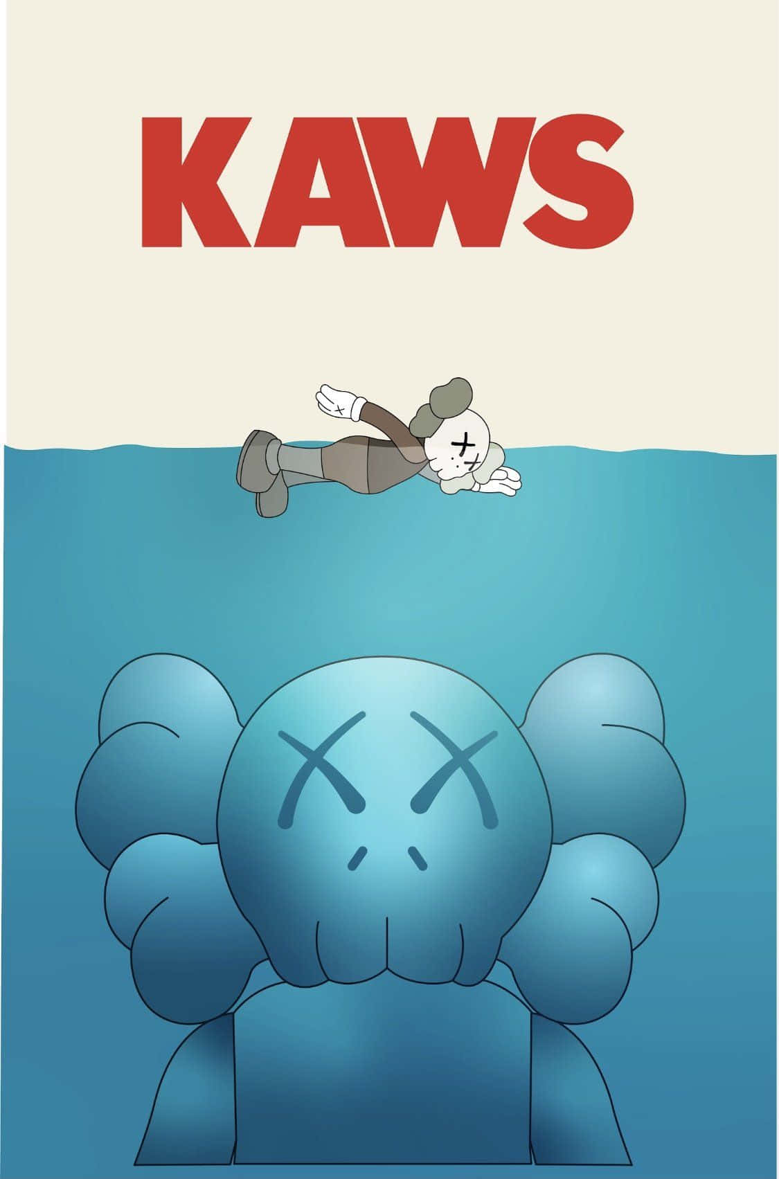 KAWS角色漂浮在水面上，大型藍色KAWS人物從下方浮現。