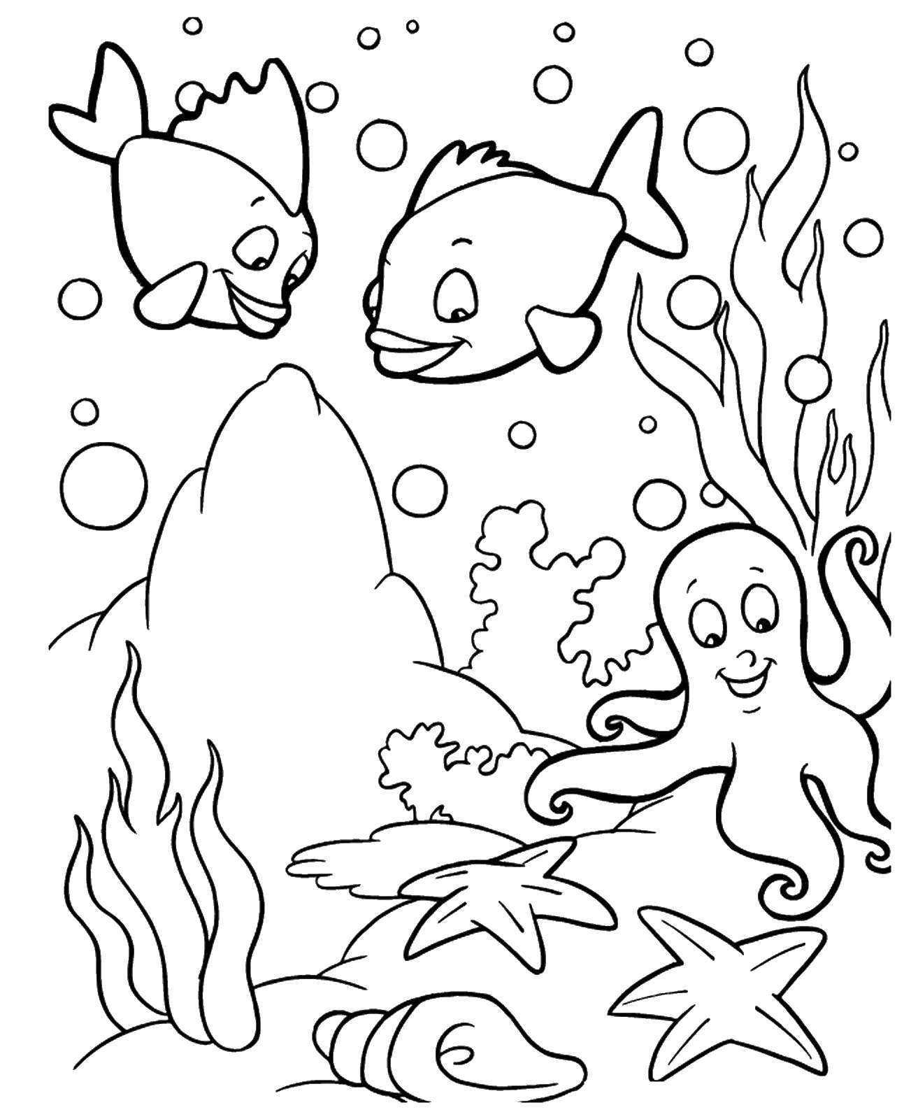 水底場景，有微笑的魚、八爪魚和海星，適合填色。