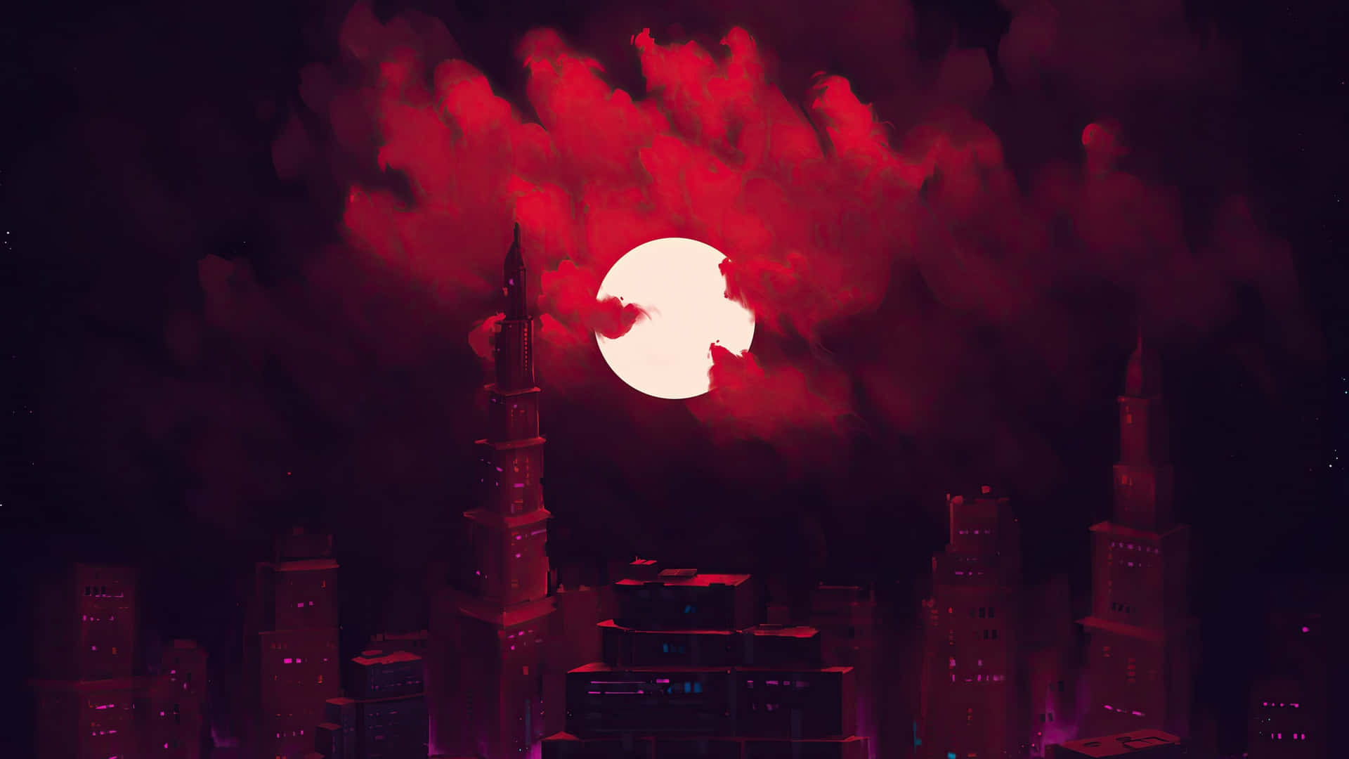 一輪紅月從黑暗的城市景觀上升起，伴隨著發光的建築物和深紅色的雲層。
