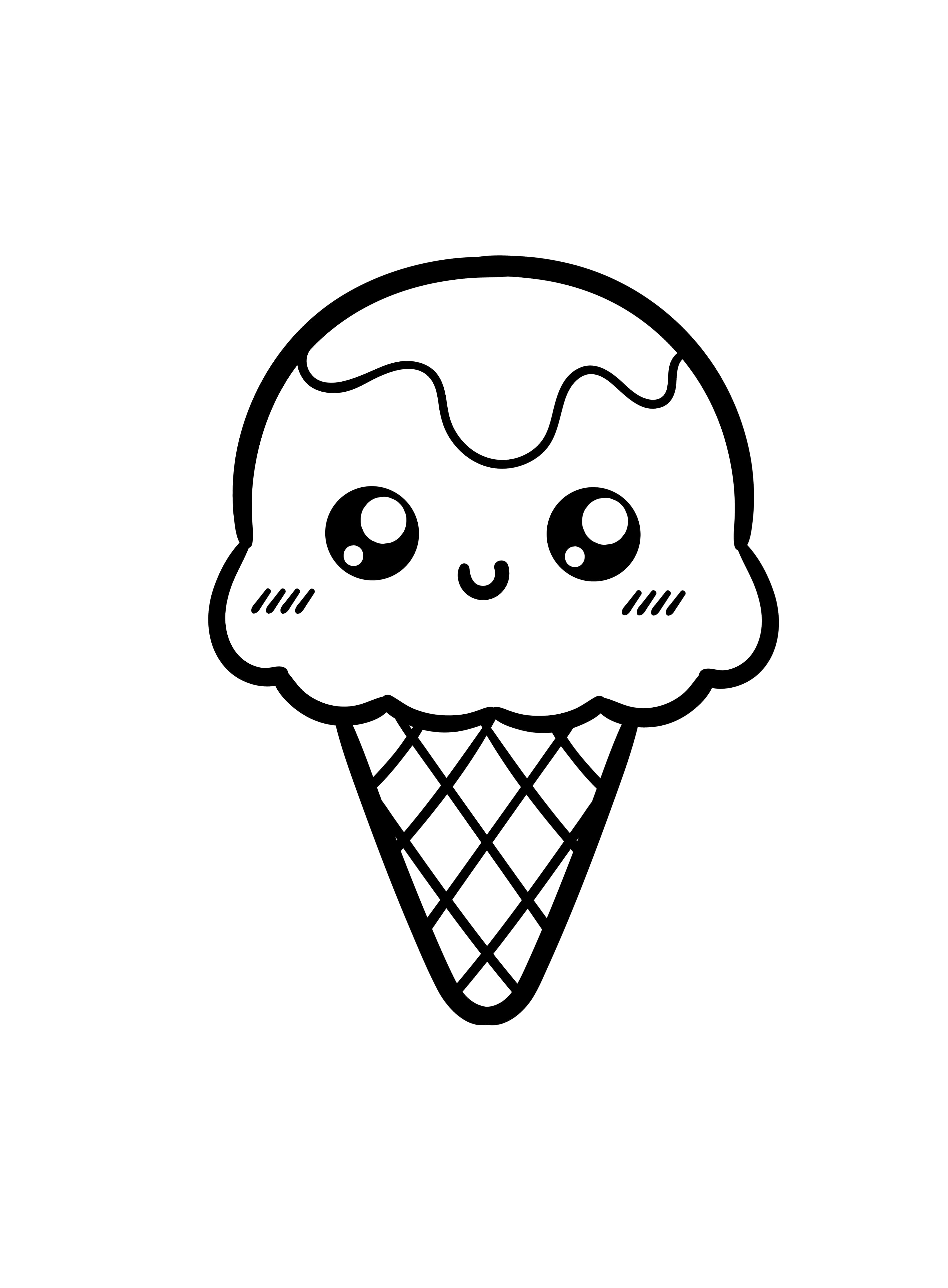 用這幅精緻塗色圖發揮創意 壁紙 — 一個可愛的卡哇伊風格雪糕筒，有大眼睛和微笑，在白色背景上。