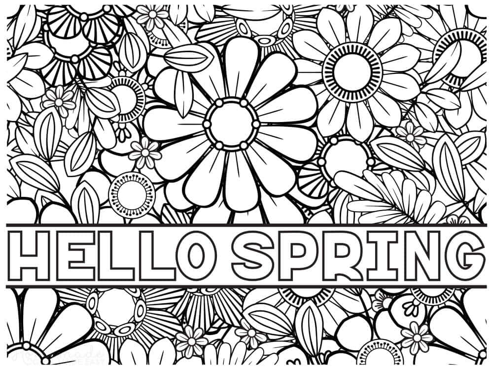 帶有「Hello Spring」文字的黑白花卉填色頁。