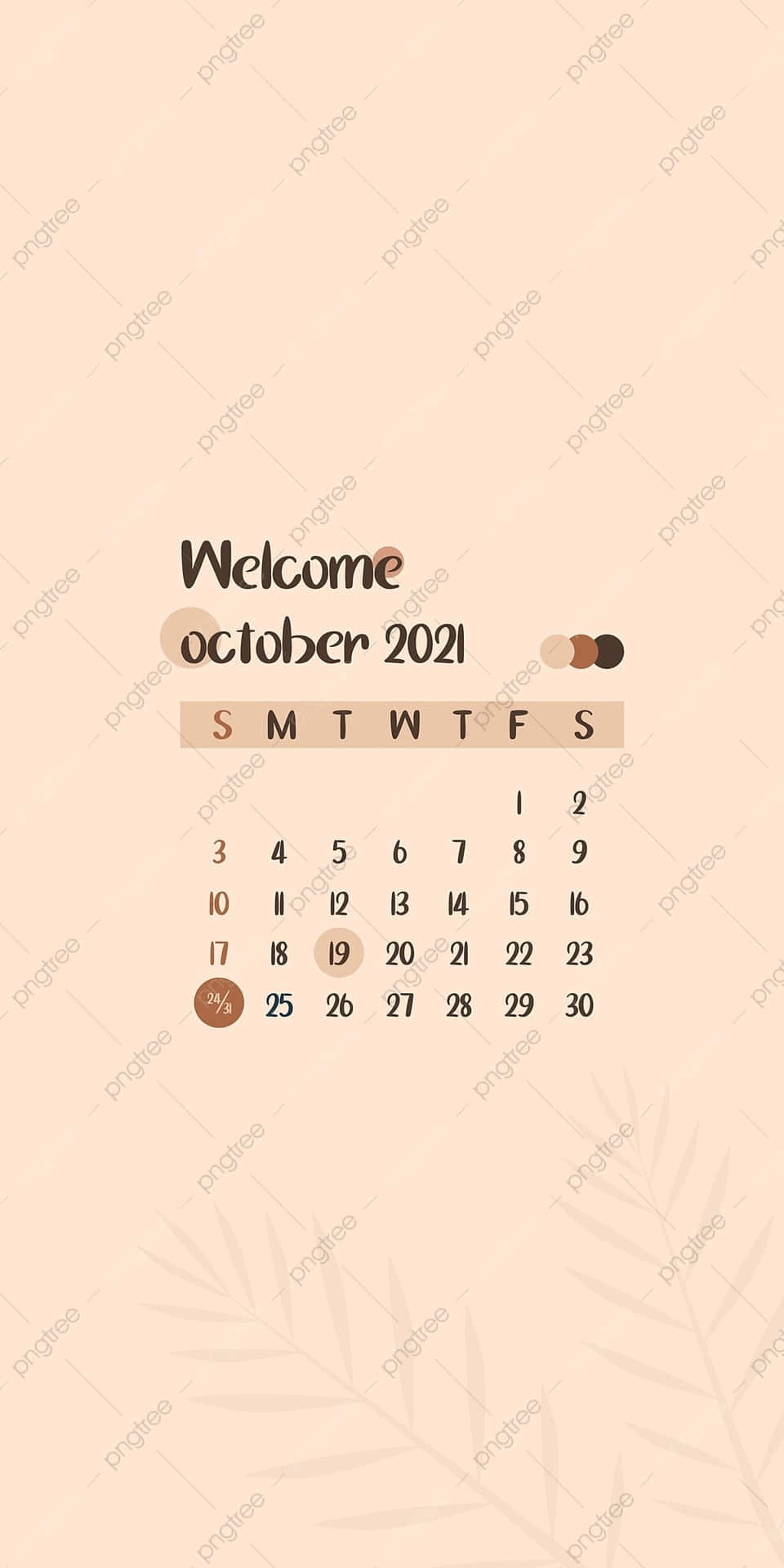 2021年10月日曆，米色背景和葉片圖案。