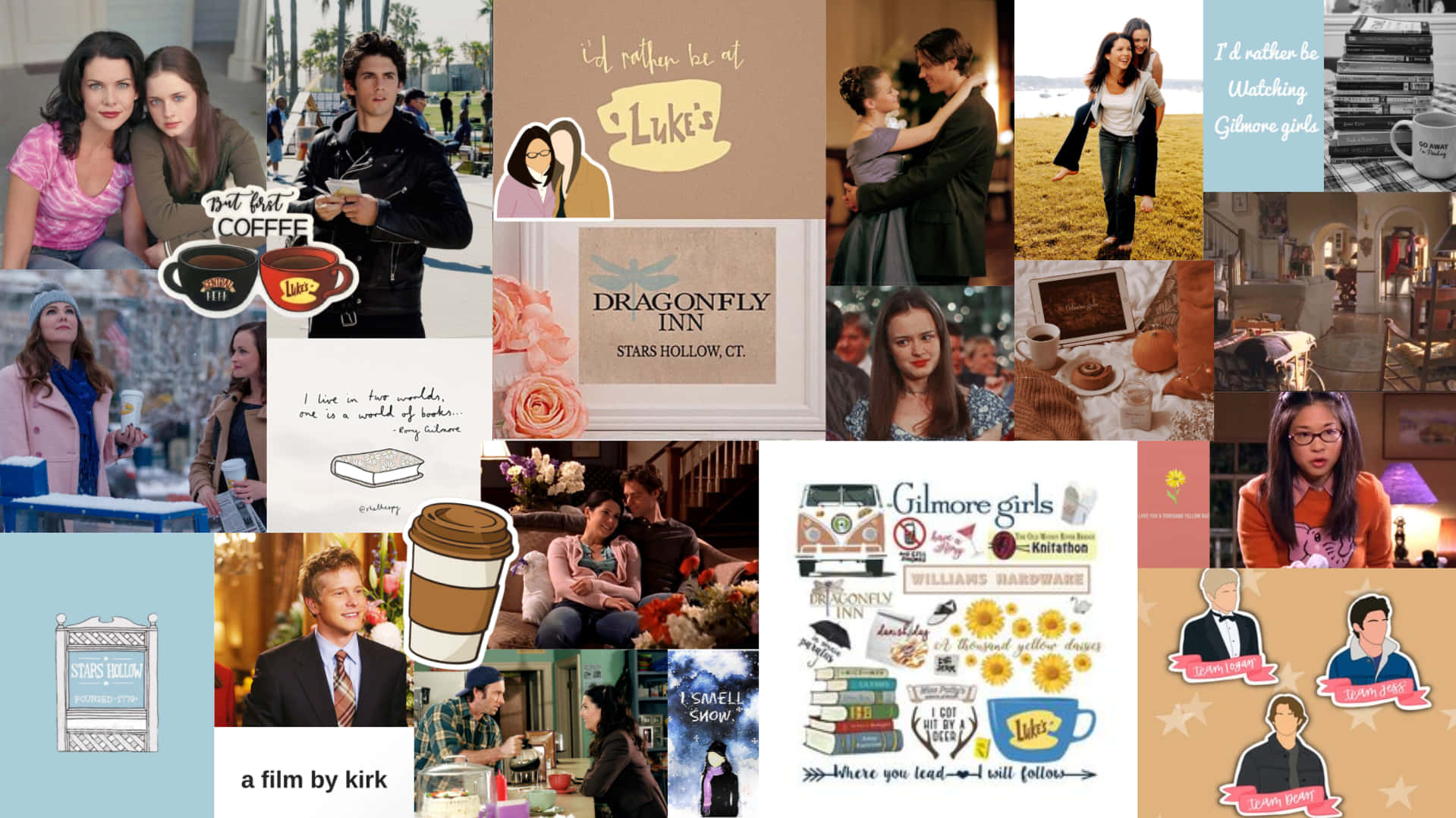 Gilmore Girls粉絲拼貼畫，包含語錄、角色和標誌性地點。