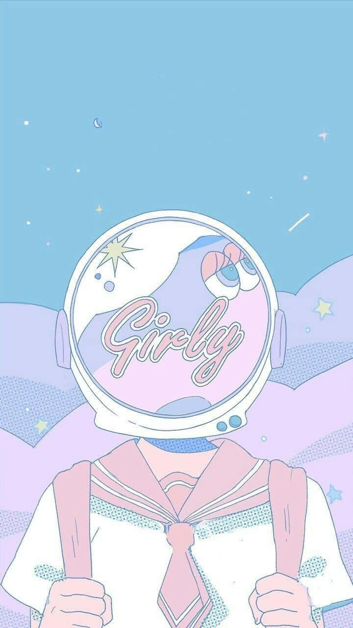 動漫女孩穿著水手服，戴著寫有「Girly」文字的太空人頭盔，在星空中。