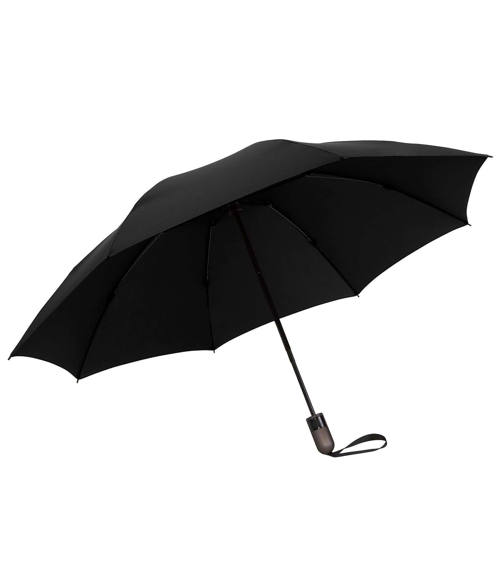 用這把經典雨傘應對不可預測的天氣 壁紙 — 一把時尚的黑色雨傘在純白背景上完全打開，展現其簡約設計和堅固手柄。