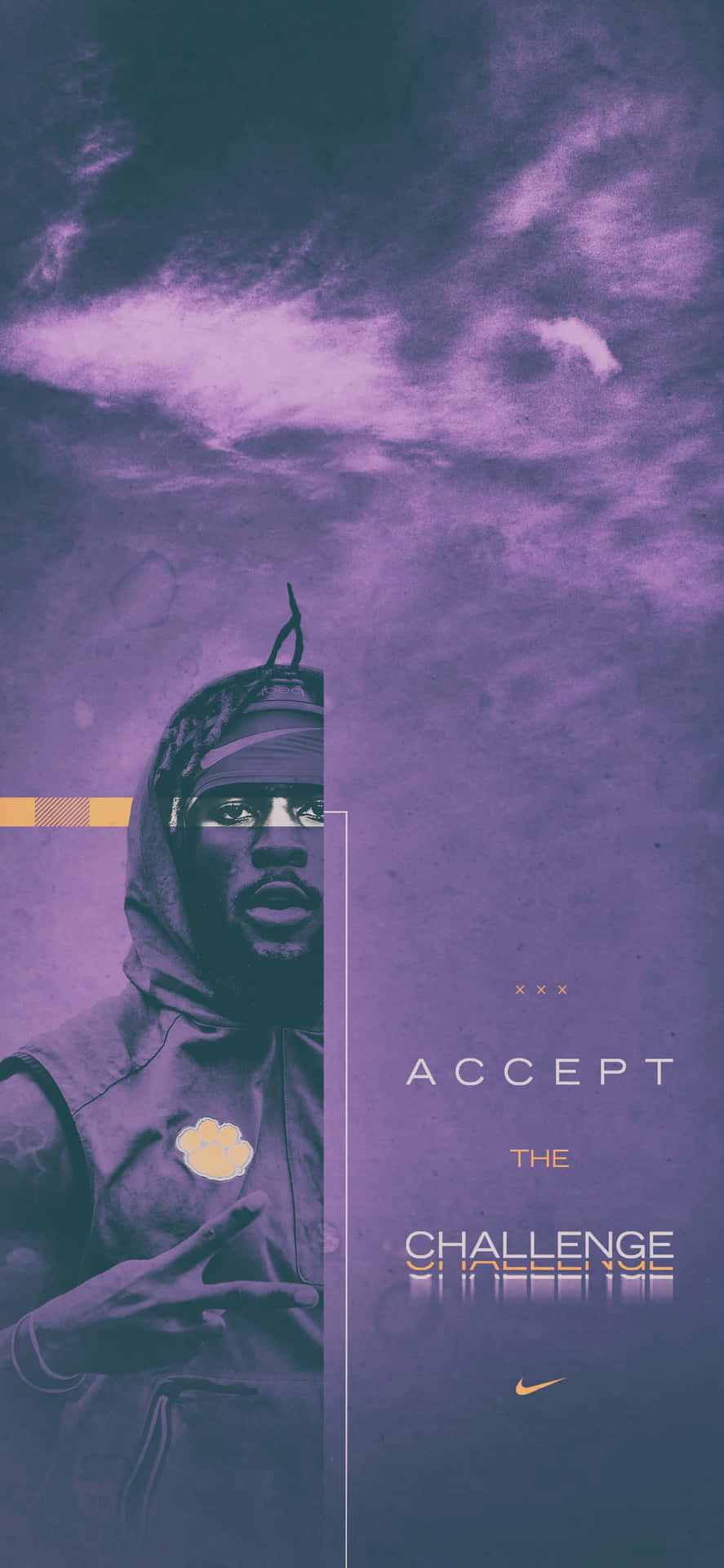 紫色連帽衫運動員，暴風雨天空背景，文字 accept the challenge。