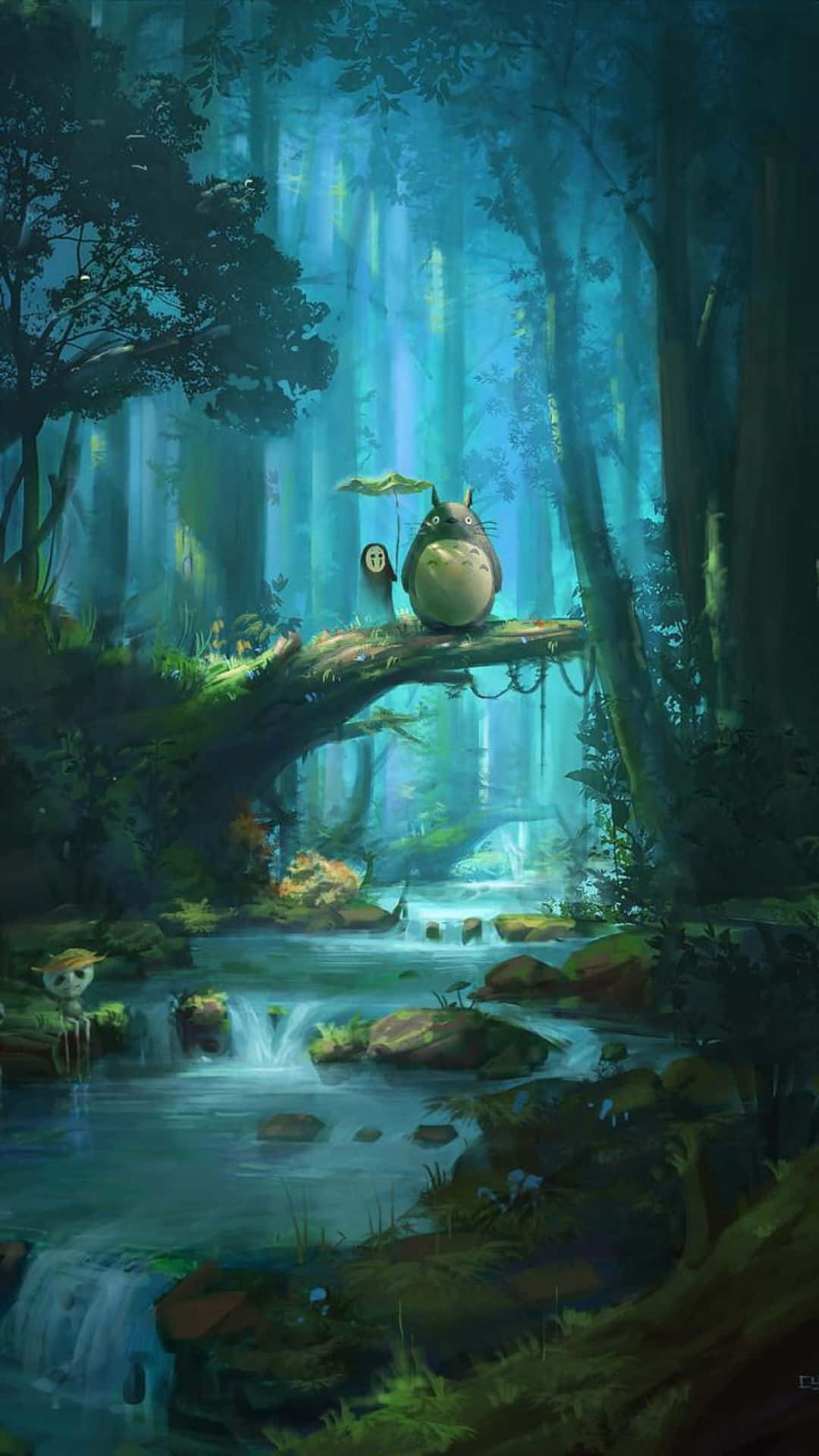 Totoro 和一個孩子坐在發光森林溪流上方的樹枝上。