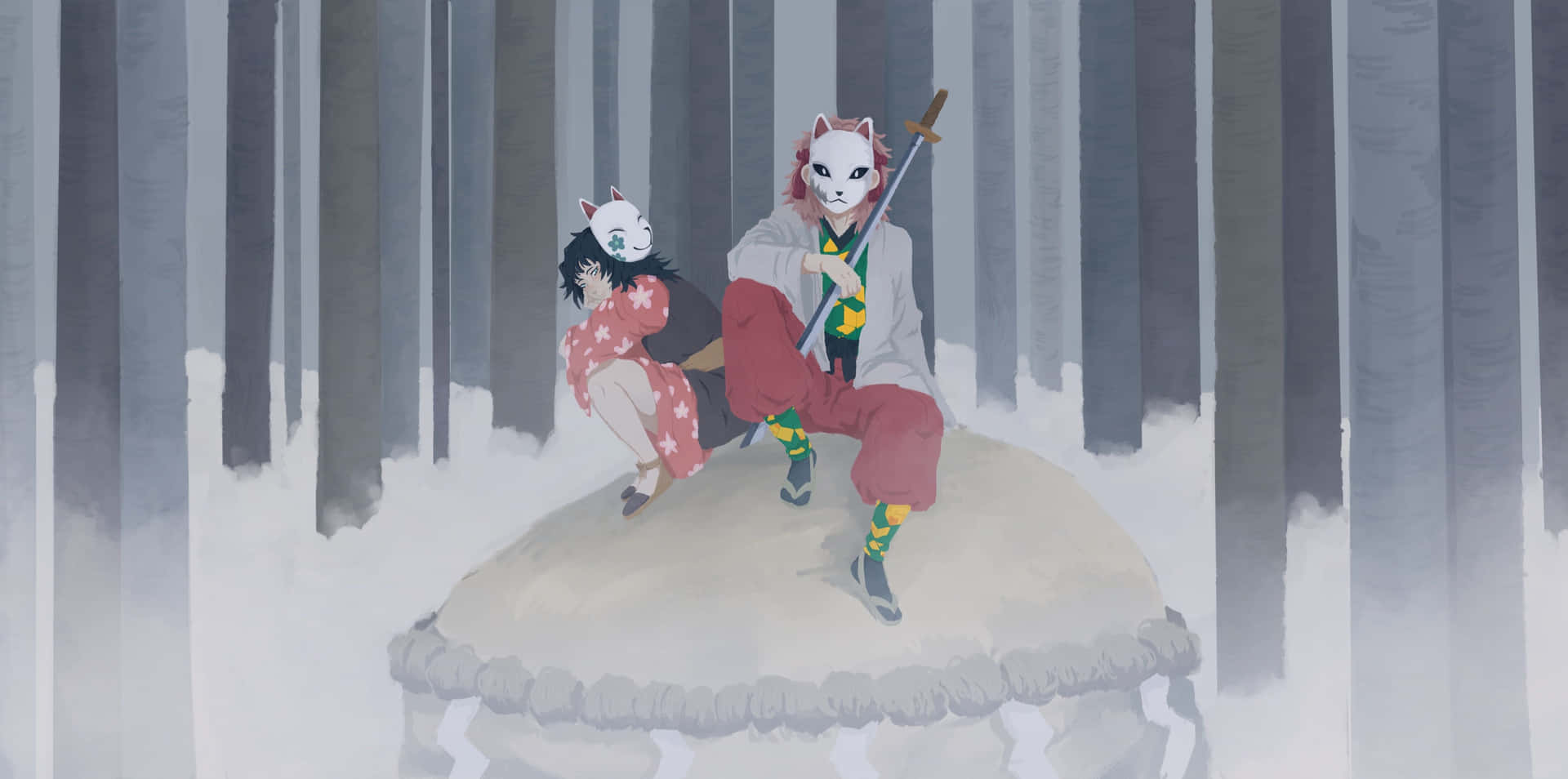 兩隻戴面具的狐狸精靈在雪林中，其中一隻手持劍。