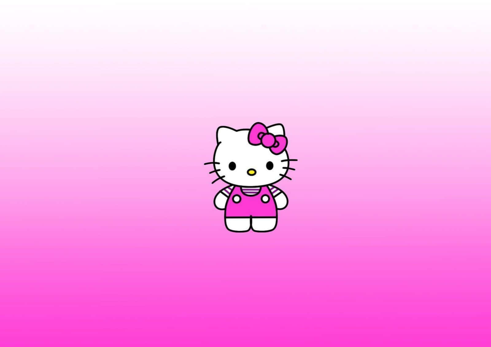 Hello Kitty 卡通角色穿著粉紅色工人褲，站在粉紅色漸變背景上。