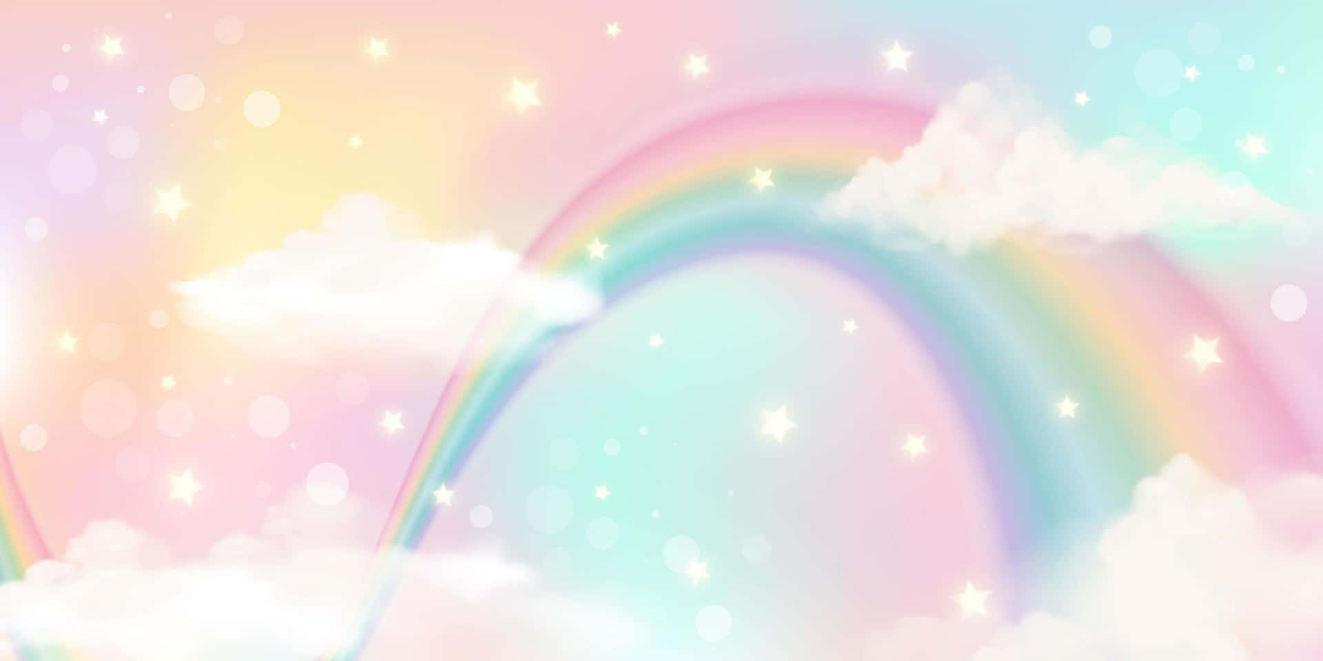 喺粉彩天空上，一道溫柔嘅彩虹伴隨星星同雲朵。