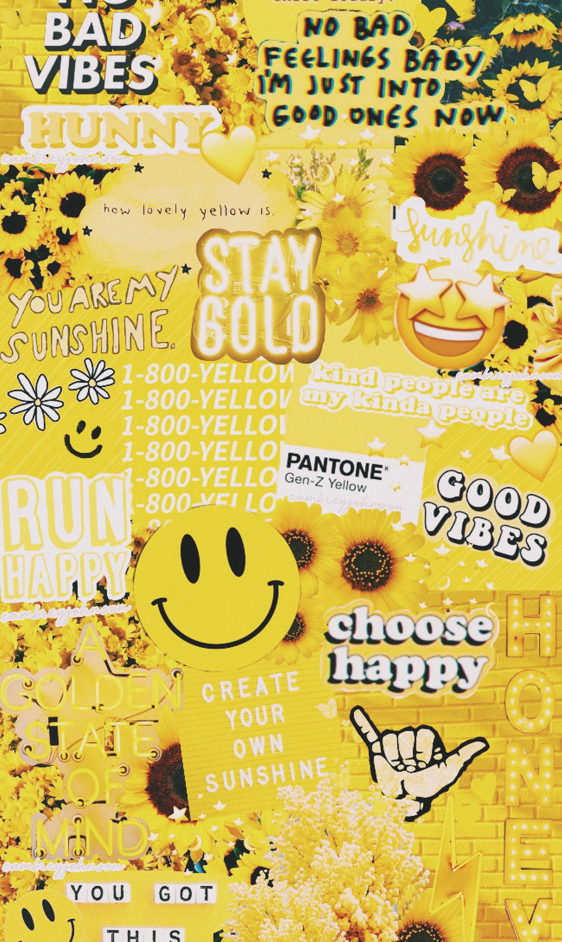 帶有向日葵、笑臉和正面肯定語（如stay gold和good vibes only）的黃色牆紙。