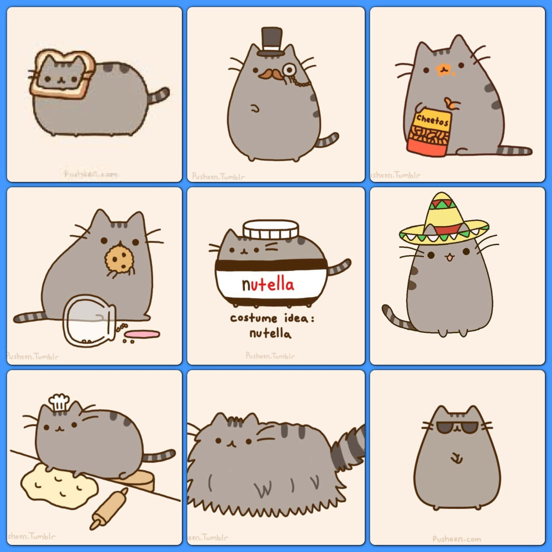 Pusheen 貓咪以九種搞笑造型亮相，包括多士、高帽、奇多、能多益醬罐、闊邊帽、廚師、毛茸茸的怪物和太陽眼鏡。