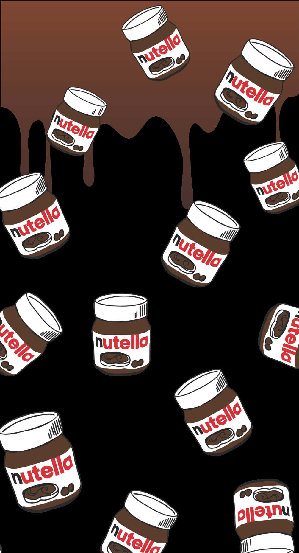 用這款可愛食物主題的iPhone，享受趣味十足的用餐體驗！ 壁紙 — Nutella 罐漂浮並在黑色背景上滴落朱古力，形成有趣的重复圖案。
