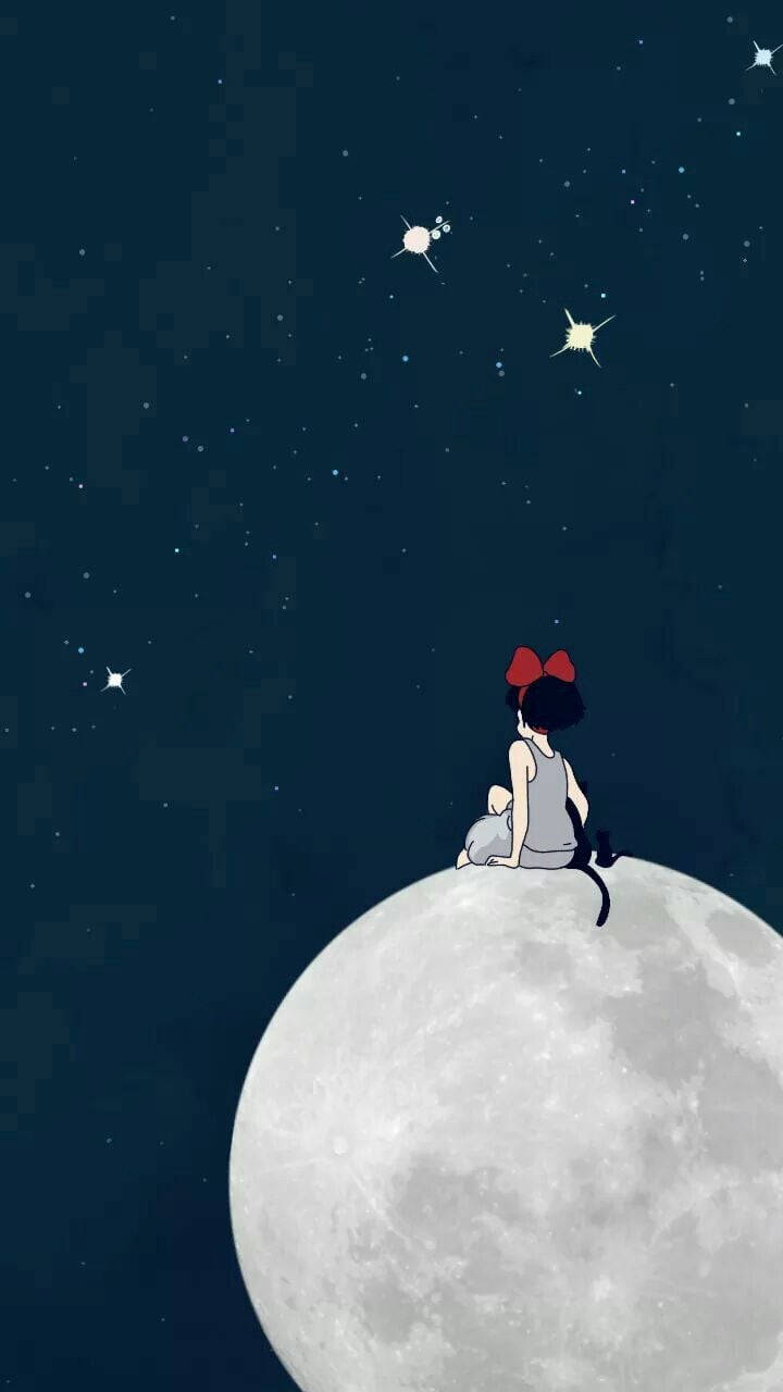 戴紅色蝴蝶結的女孩和貓坐在星空下的月亮上