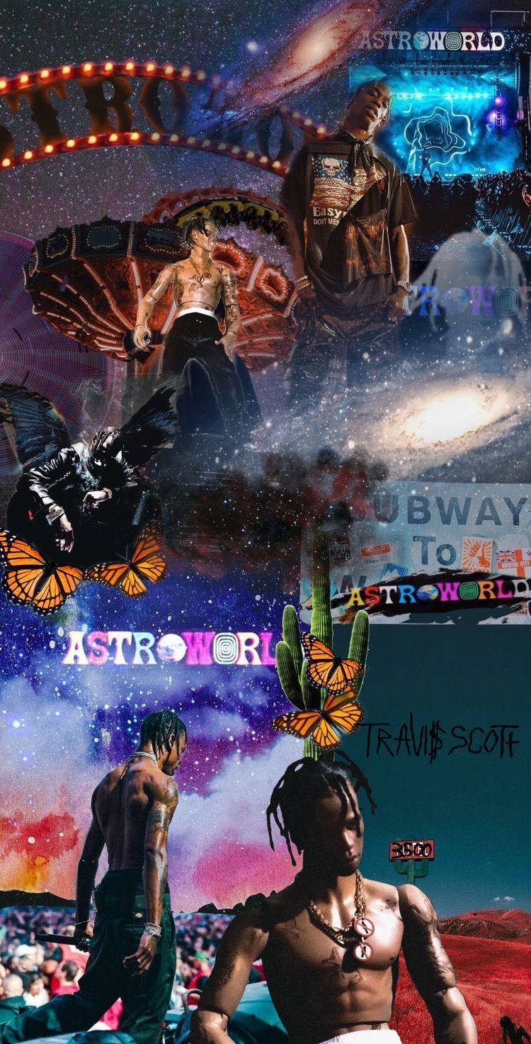 Travis Scott 在宇宙音樂會場景中，有蝴蝶和霓虹燈標誌。