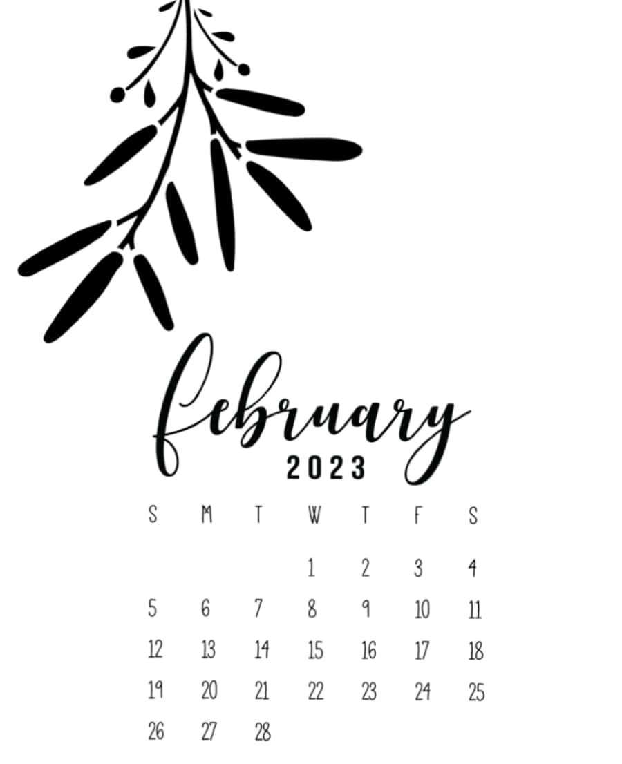 2023年2月日曆，帶有裝飾性樹葉枝條的黑白設計。
