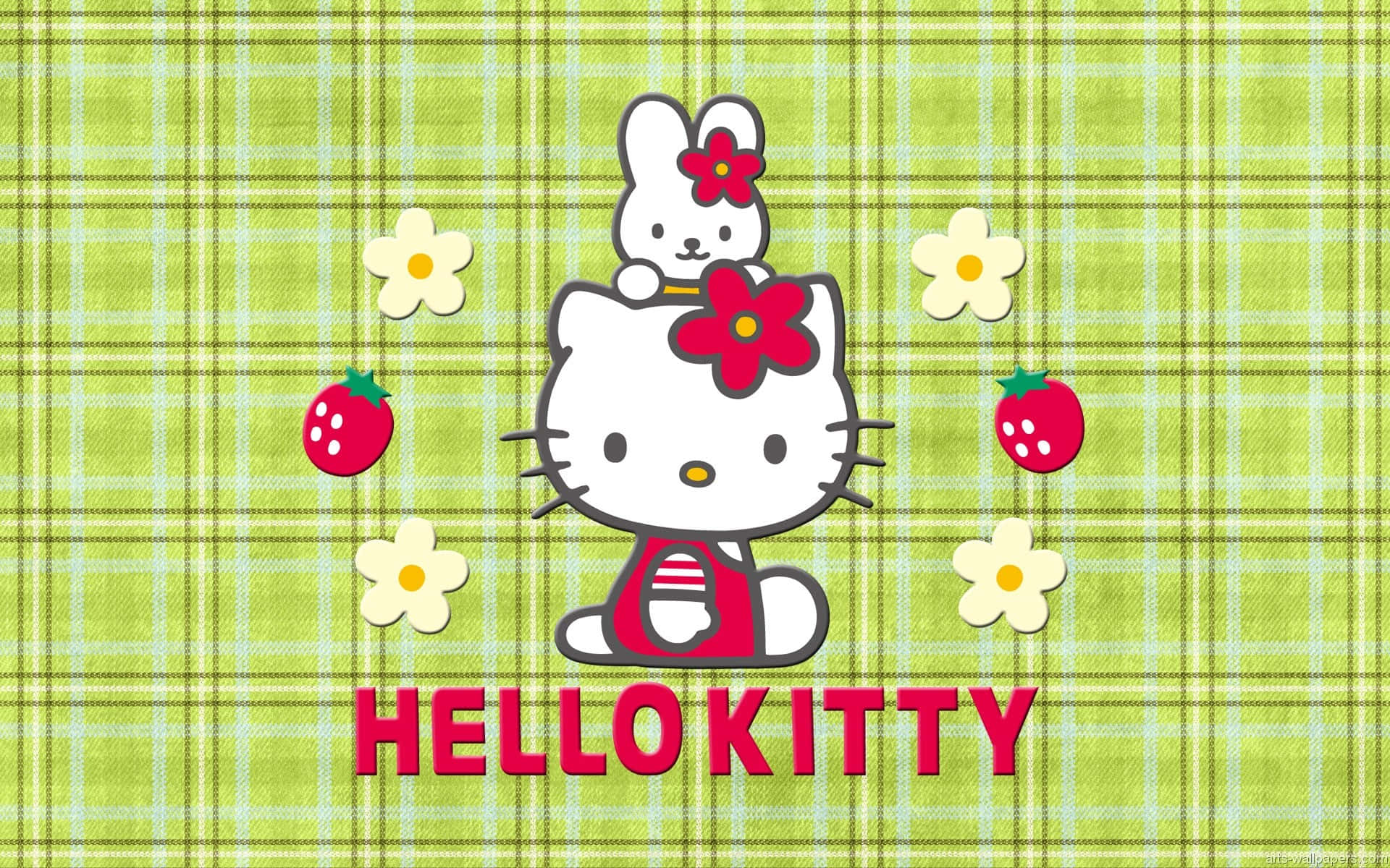 Hello Kitty 和一隻拿著紅花的兔子在綠色格仔背景上，配有草莓和雛菊。