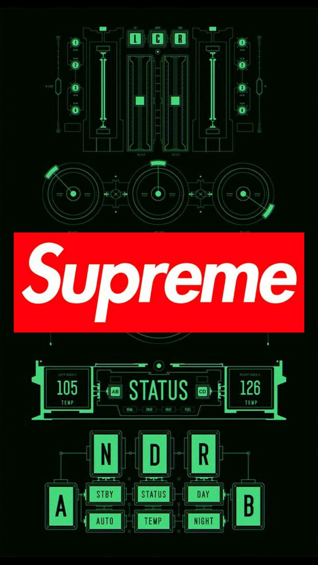 帶有紅色Supreme標誌的未來感綠色數位控制面板。