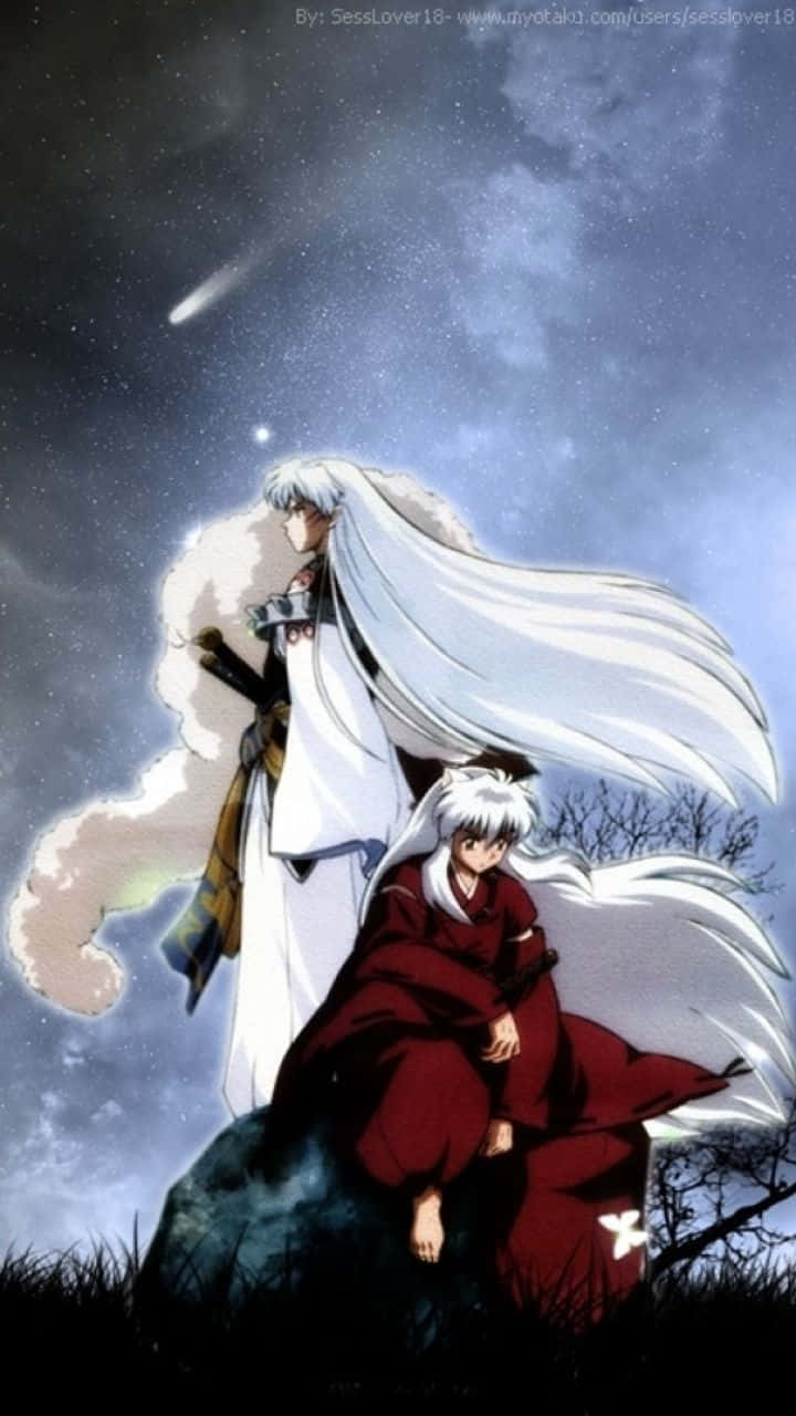 兩個白髮動漫角色站在岩石上，在繁星點點的夜空下，有一顆流星。