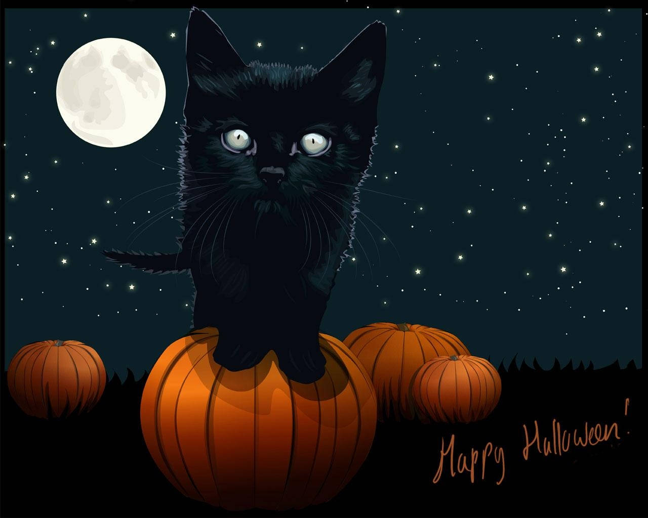 黑貓坐在滿月下的南瓜上，帶有「Happy Halloween!」文字。