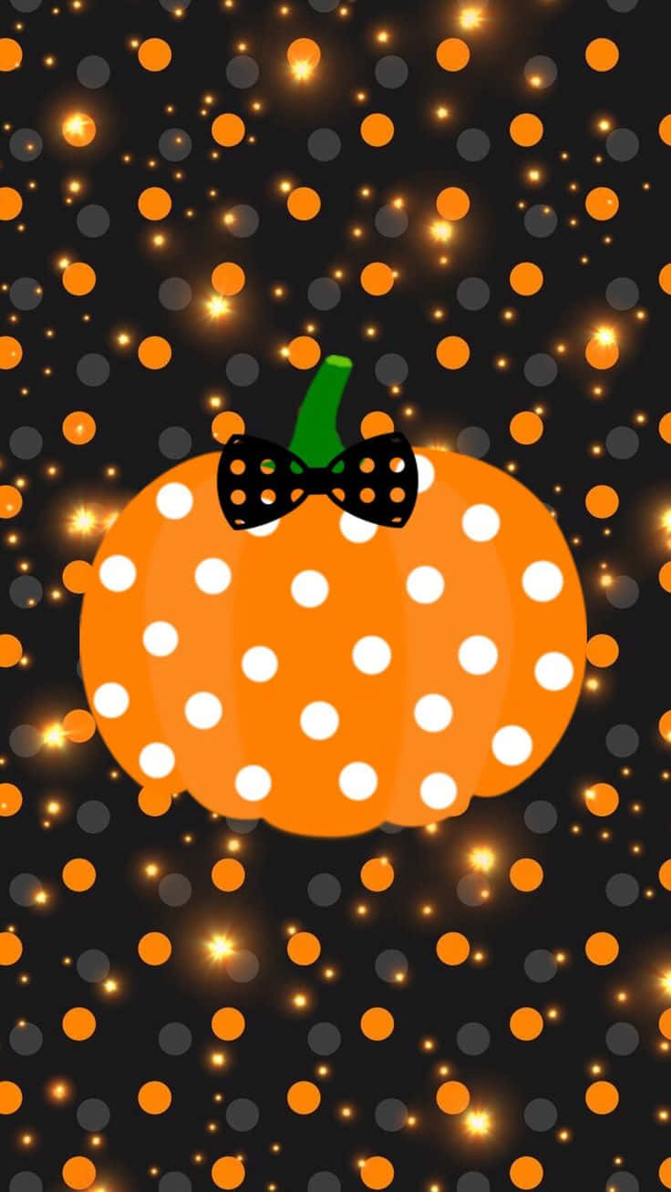 橙色南瓜帶白色圓點和黑色蝴蝶結在閃亮背景上