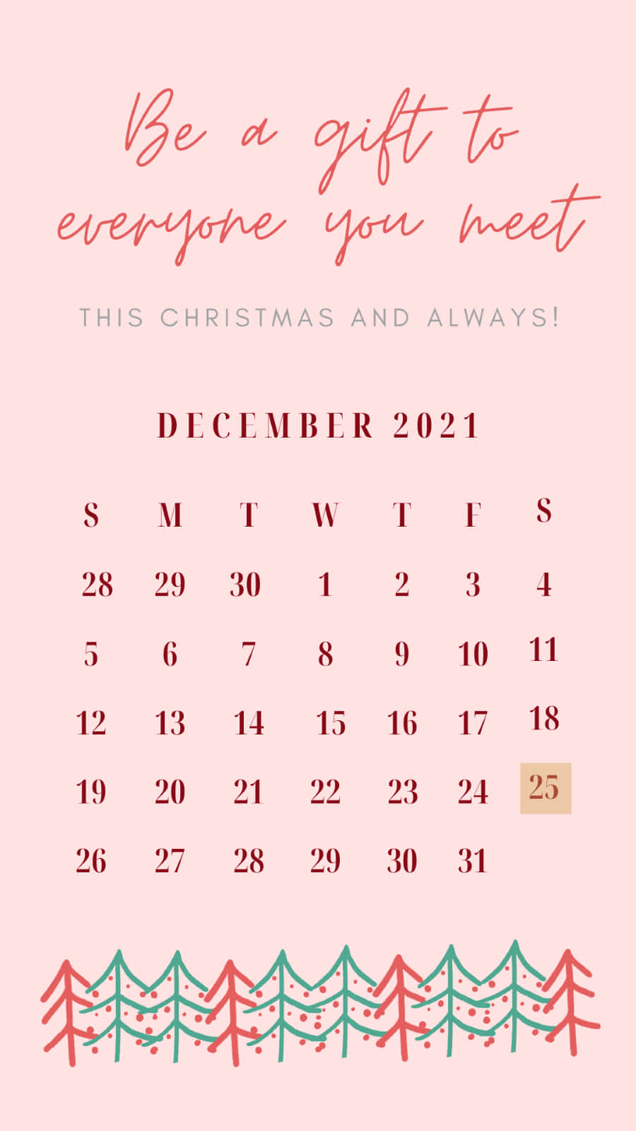 2021年12月日曆，粉紅色背景和節日樹木