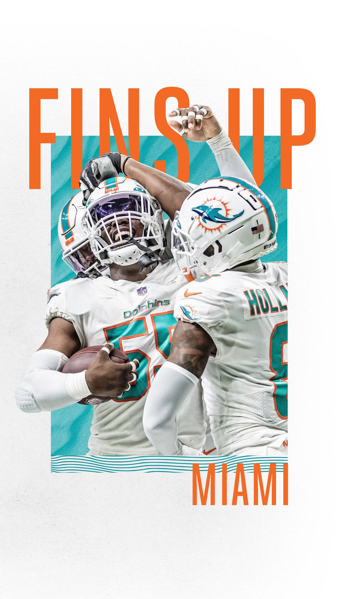 邁阿密海豚隊美式足球員以 'FINS UP' 文字慶祝達陣。