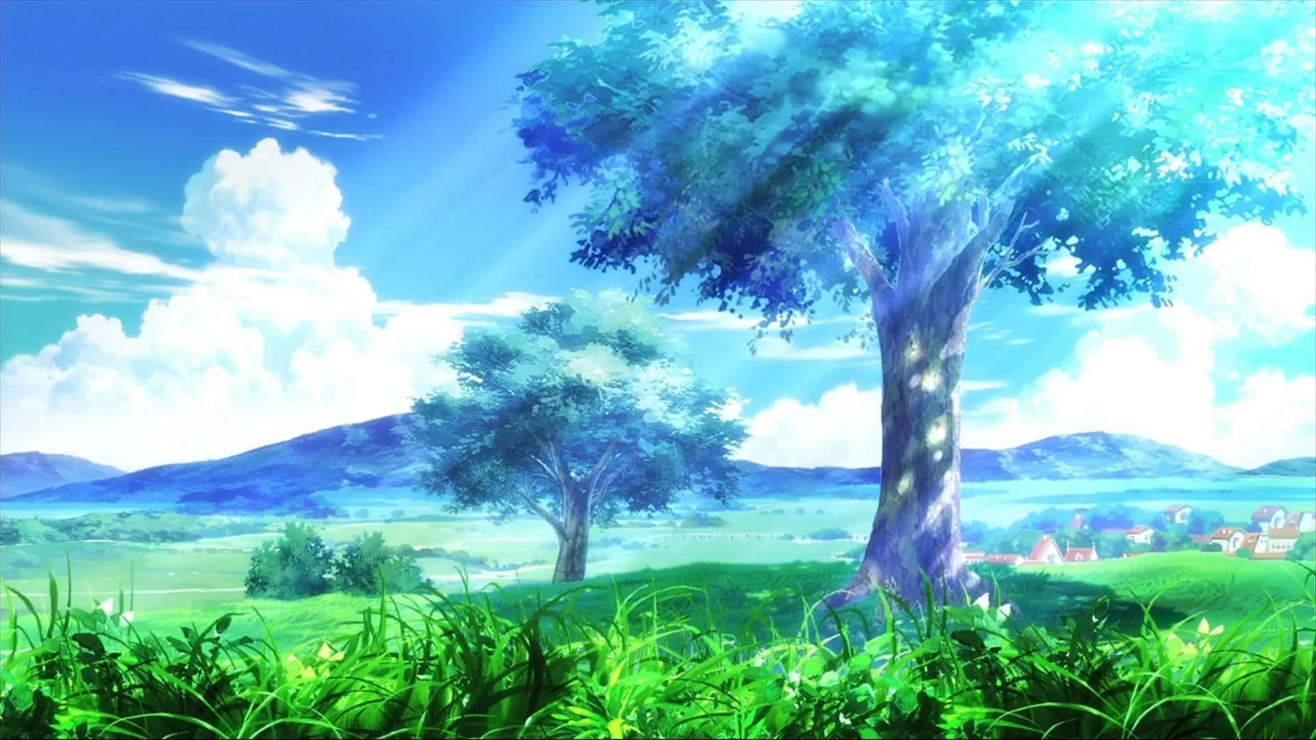 用這款酷炫動漫背景，為你的數位空間注入活力！ 壁紙 — 一棵充滿活力的動漫風格樹木，在陽光明媚的綠色田野中高高聳立，遠處有山丘和蓬鬆的雲朵，背景是明亮的藍天。