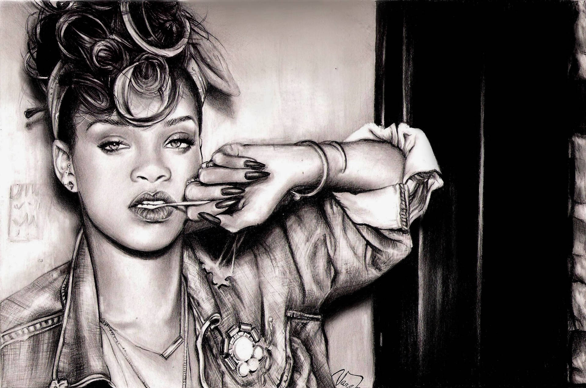 Rihanna在詳細的鉛筆素描肖像中塗口紅。