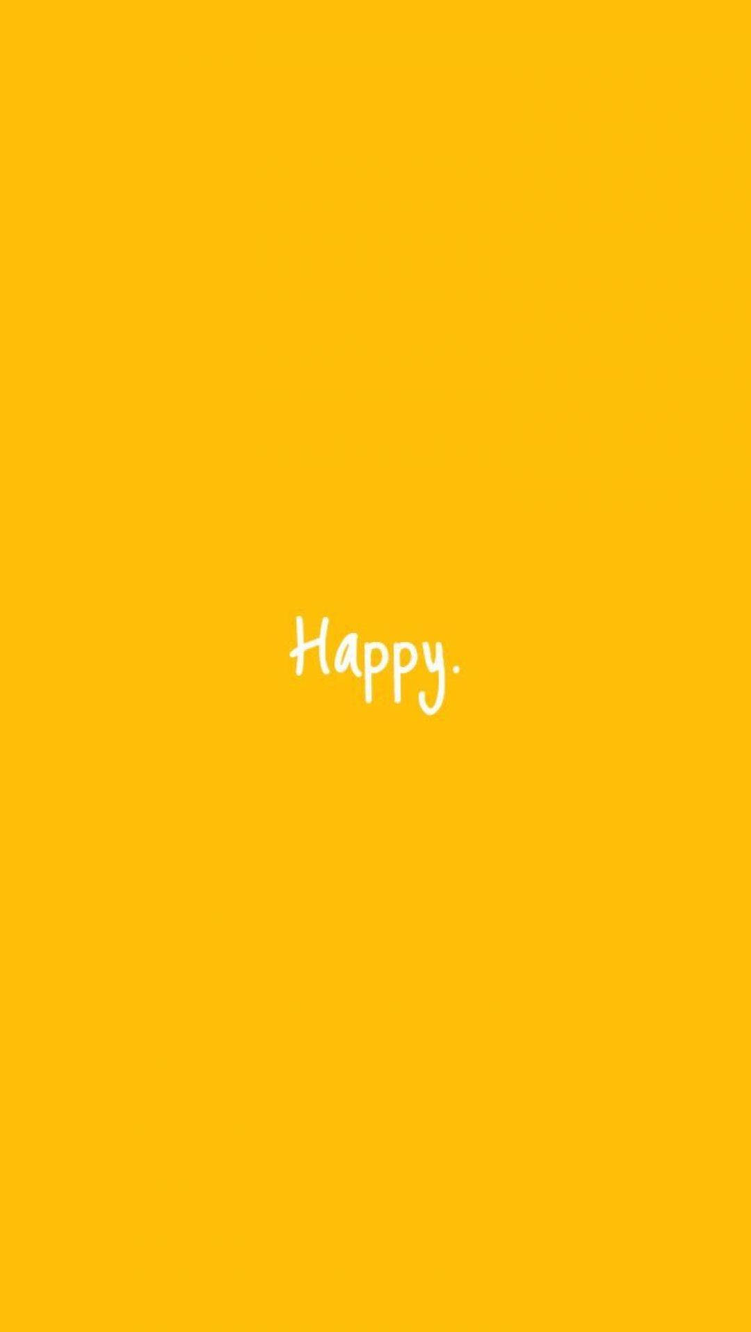 一個黃色背景，以白色草書寫著「Happy」。