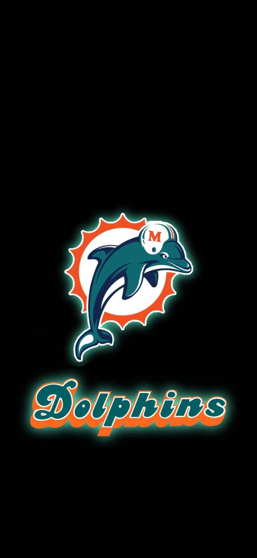 邁阿密海豚隊NFL球隊標誌，發光海豚和文字在黑色背景上。