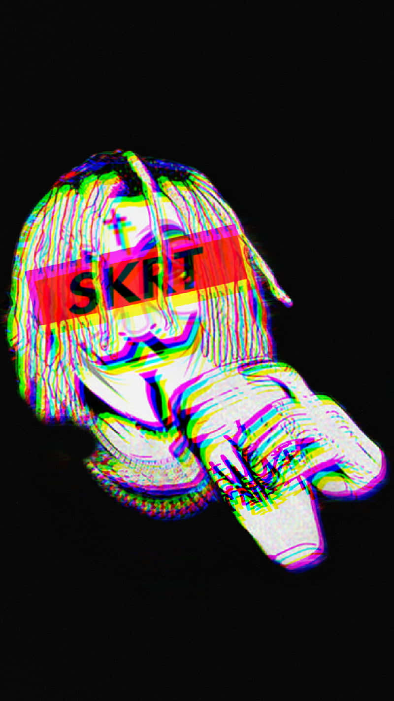 故障藝術肖像，臉上帶有「SKRT」文字，背景為黑色。