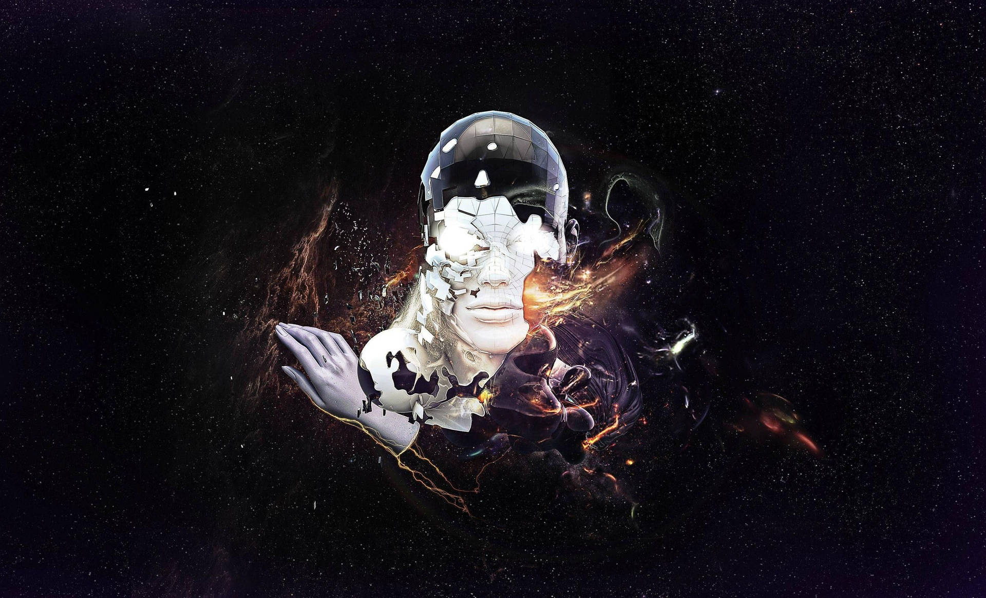 一個戴著頭盔的碎片化人形身影在星空背景下溶解成宇宙能量。