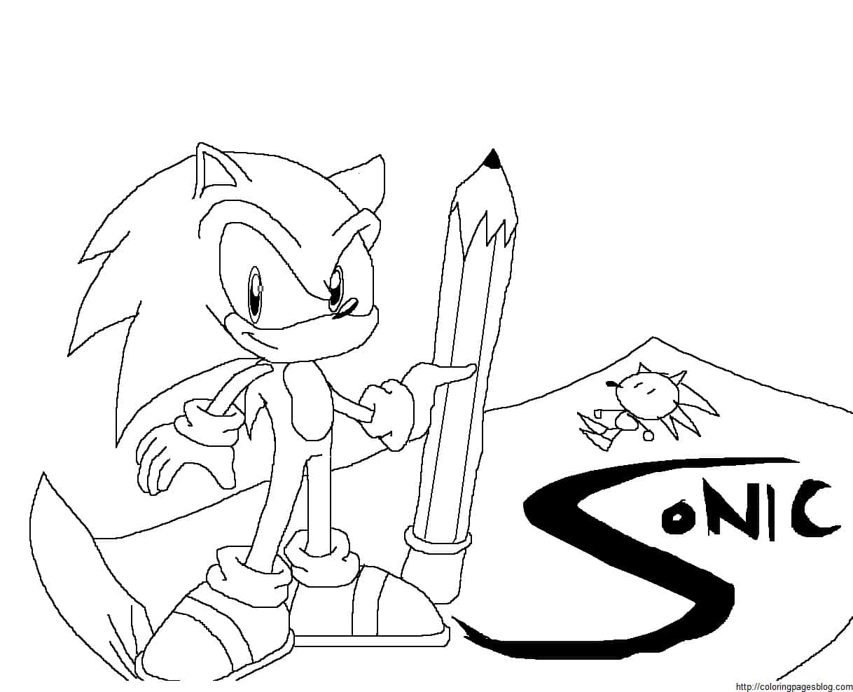 Sonic the Hedgehog 喺填色頁入面同 Tails 一齊喺佢個名旁邊拎住一支巨型鉛筆。