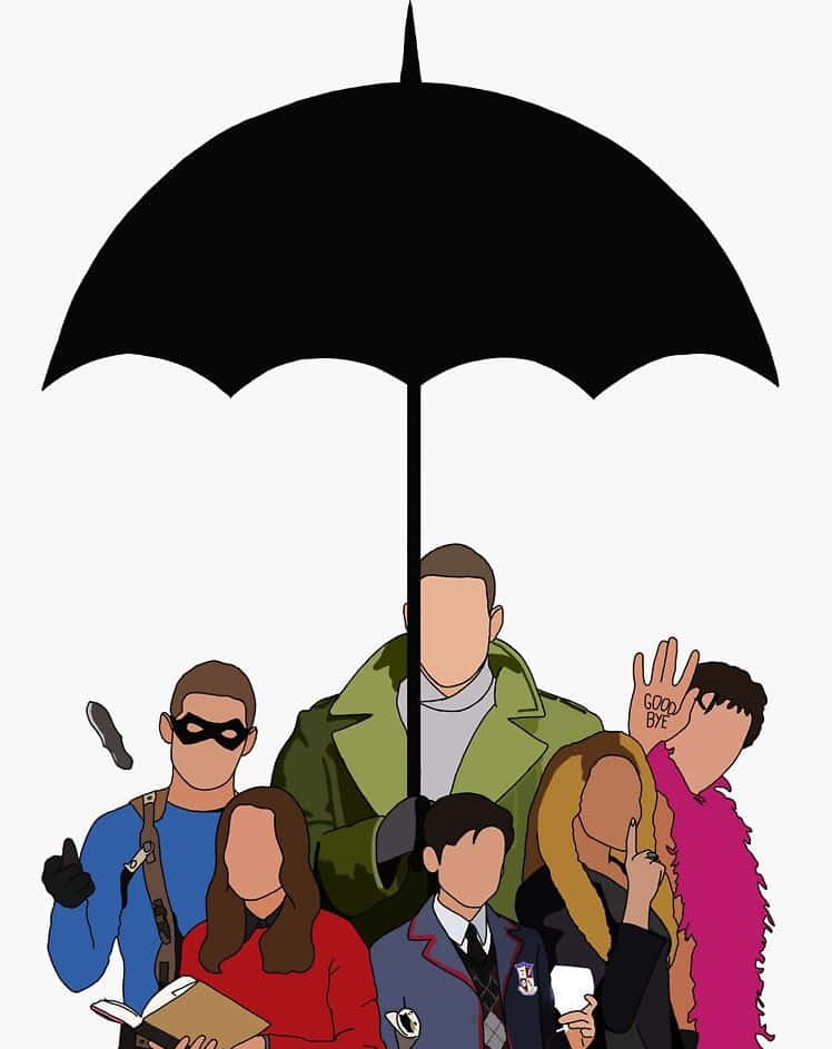 用雨傘保持涼爽乾爽 壁紙 — 一群風格化的無面角色站在一把大黑傘下，其中一個在揮手告別。